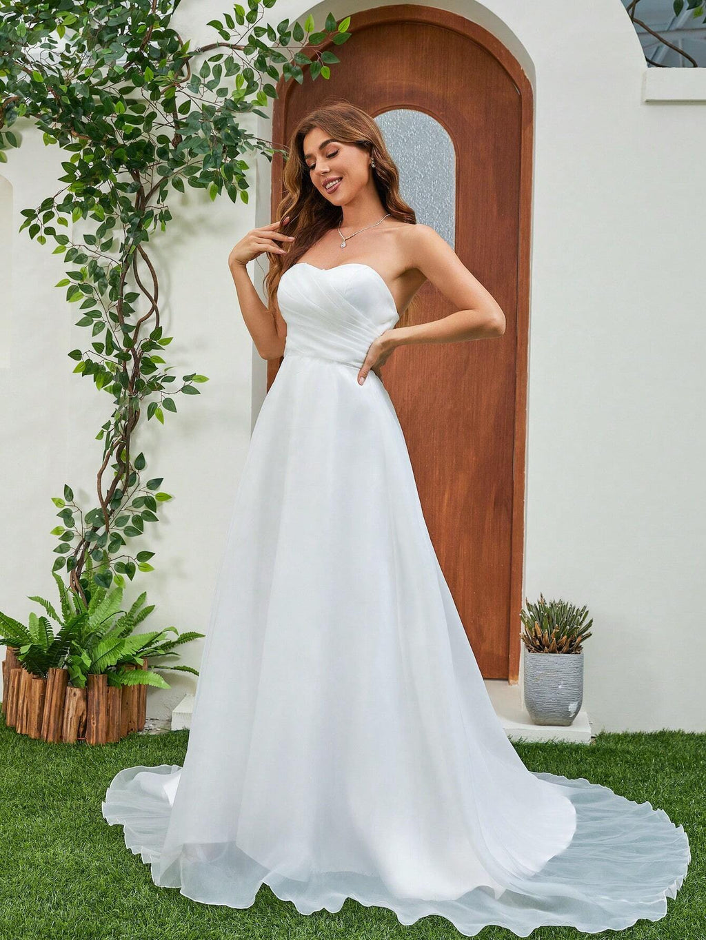 Elasola French Pleated Bodice Tulle Train Wedding Dress White Elegant Bridal Dress,Bride Spring - image 4