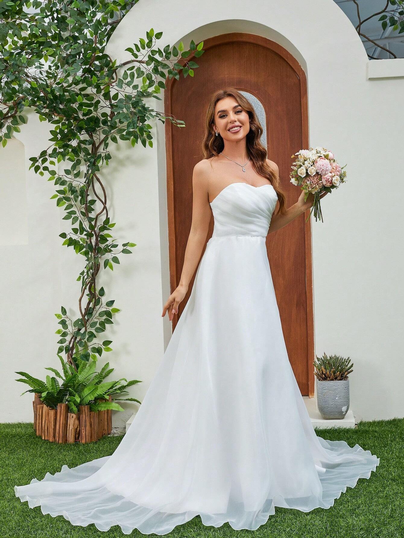 Elasola French Pleated Bodice Tulle Train Wedding Dress White Elegant Bridal Dress,Bride Spring - image 6