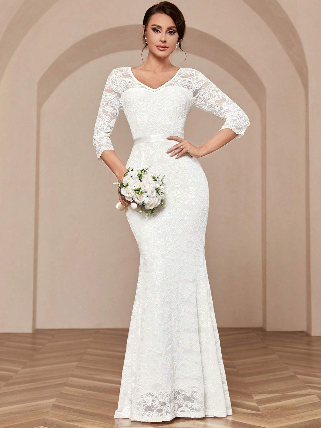 MIUSOL V-Neck Full Lace Mermaid White Evening Gown, Elegant Bridal Wedding Dress, For Valentine's Day Spring