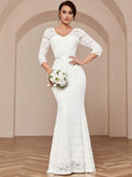 MIUSOL V-Neck Full Lace Mermaid White Evening Gown, Elegant Bridal Wedding Dress, For Valentine's Day Spring