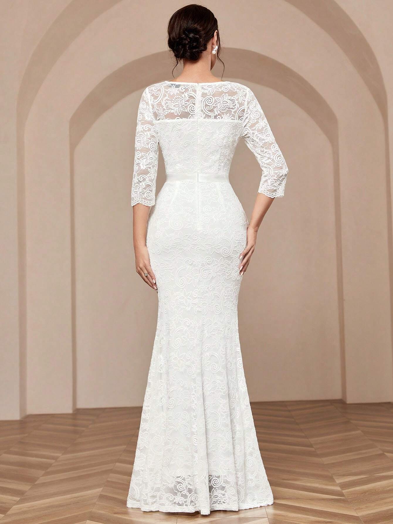 MIUSOL V-Neck Full Lace Mermaid White Evening Gown, Elegant Bridal Wedding Dress, For Valentine's Day Spring - image 2