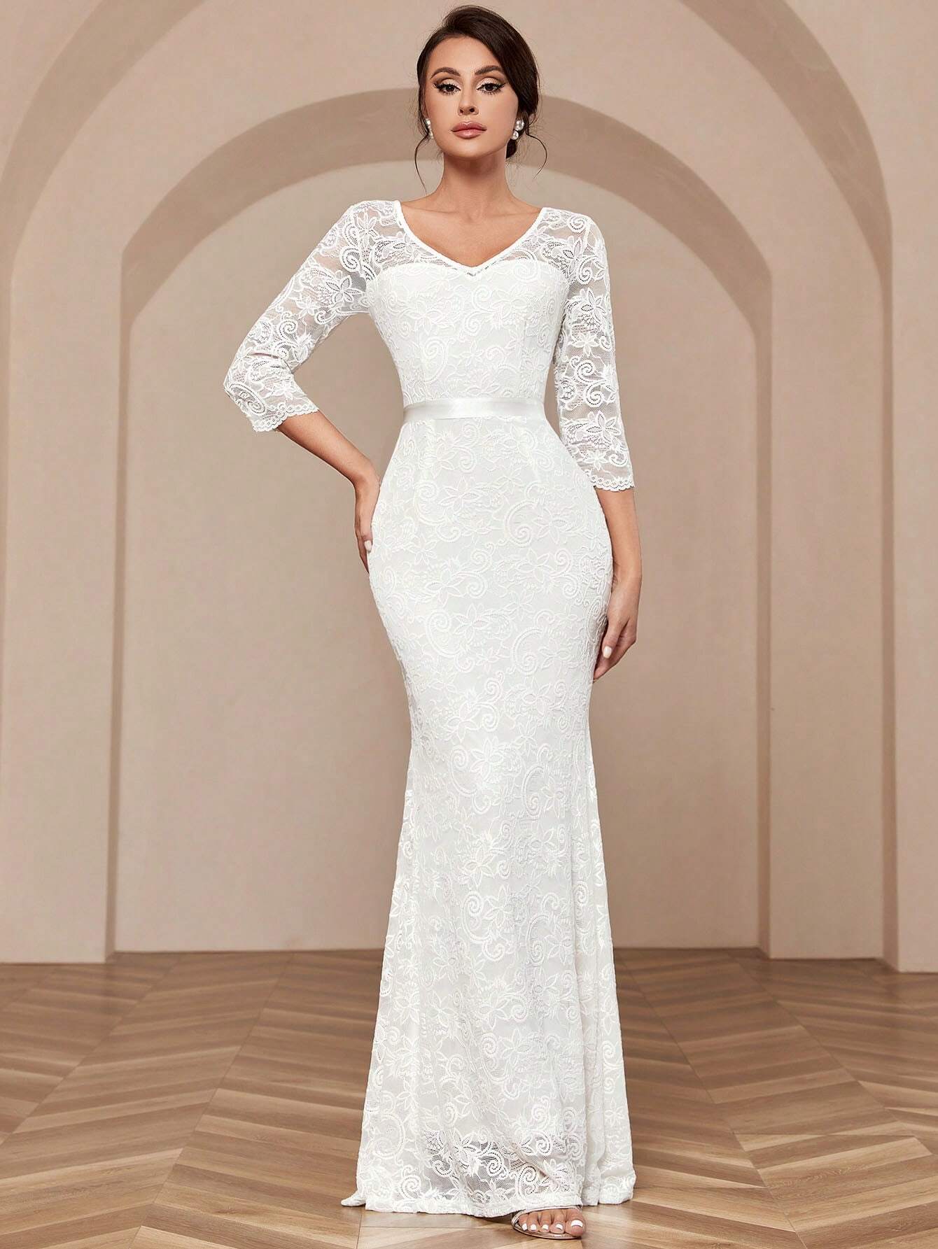 MIUSOL V-Neck Full Lace Mermaid White Evening Gown, Elegant Bridal Wedding Dress, For Valentine's Day Spring - image 3