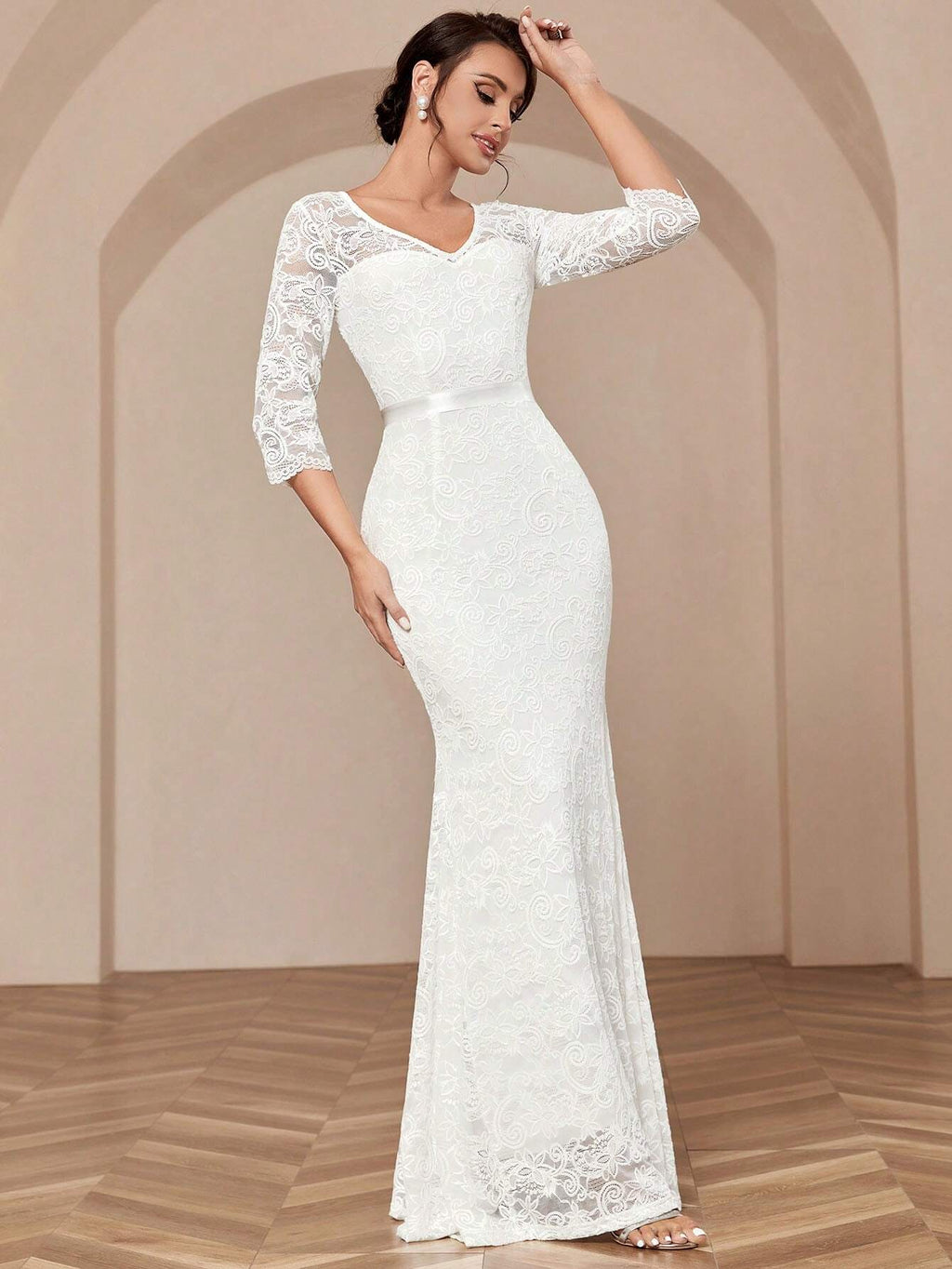 MIUSOL V-Neck Full Lace Mermaid White Evening Gown, Elegant Bridal Wedding Dress, For Valentine's Day Spring - image 4