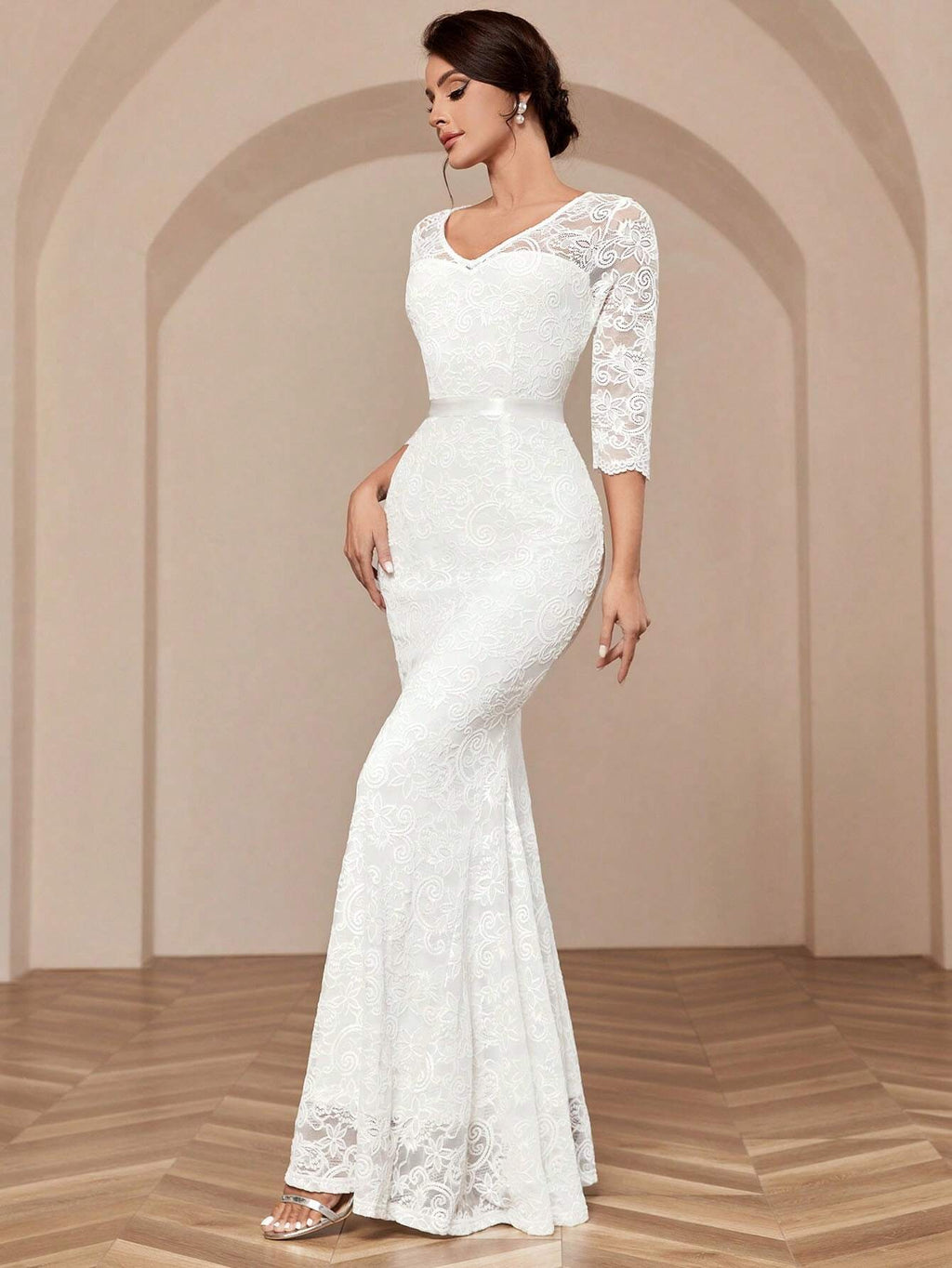MIUSOL V-Neck Full Lace Mermaid White Evening Gown, Elegant Bridal Wedding Dress, For Valentine's Day Spring - image 5