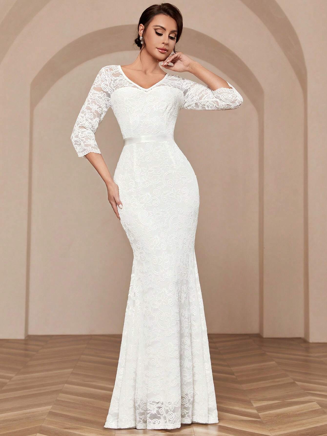 MIUSOL V-Neck Full Lace Mermaid White Evening Gown, Elegant Bridal Wedding Dress, For Valentine's Day Spring - image 6