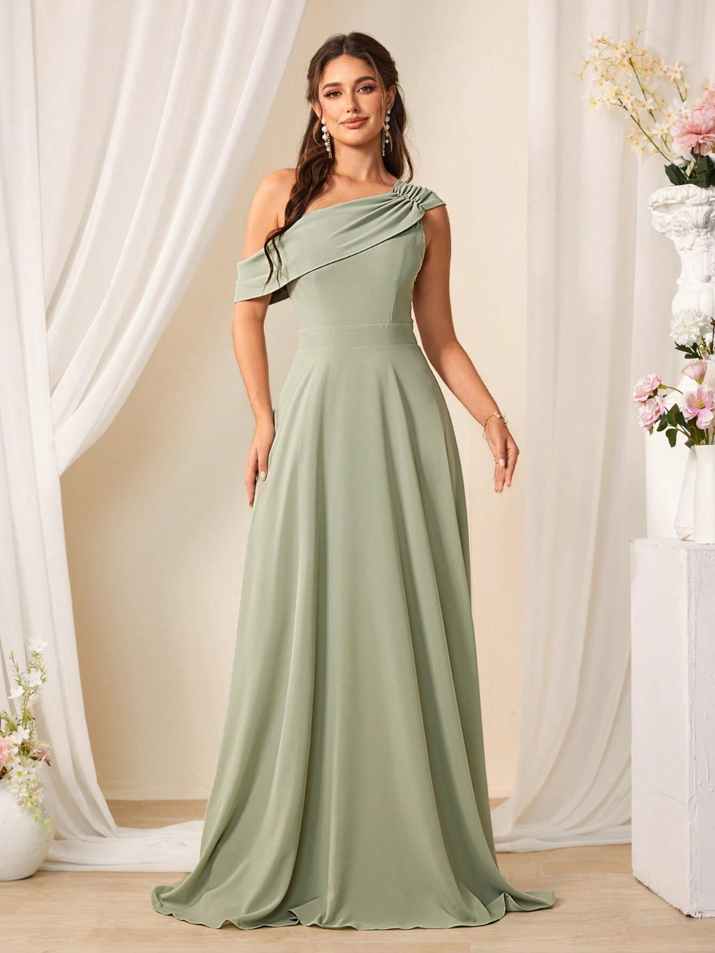 Belle Solid Color Asymmetrical Neckline Bridesmaid Dress Elegant Dress For Christmas - image 3