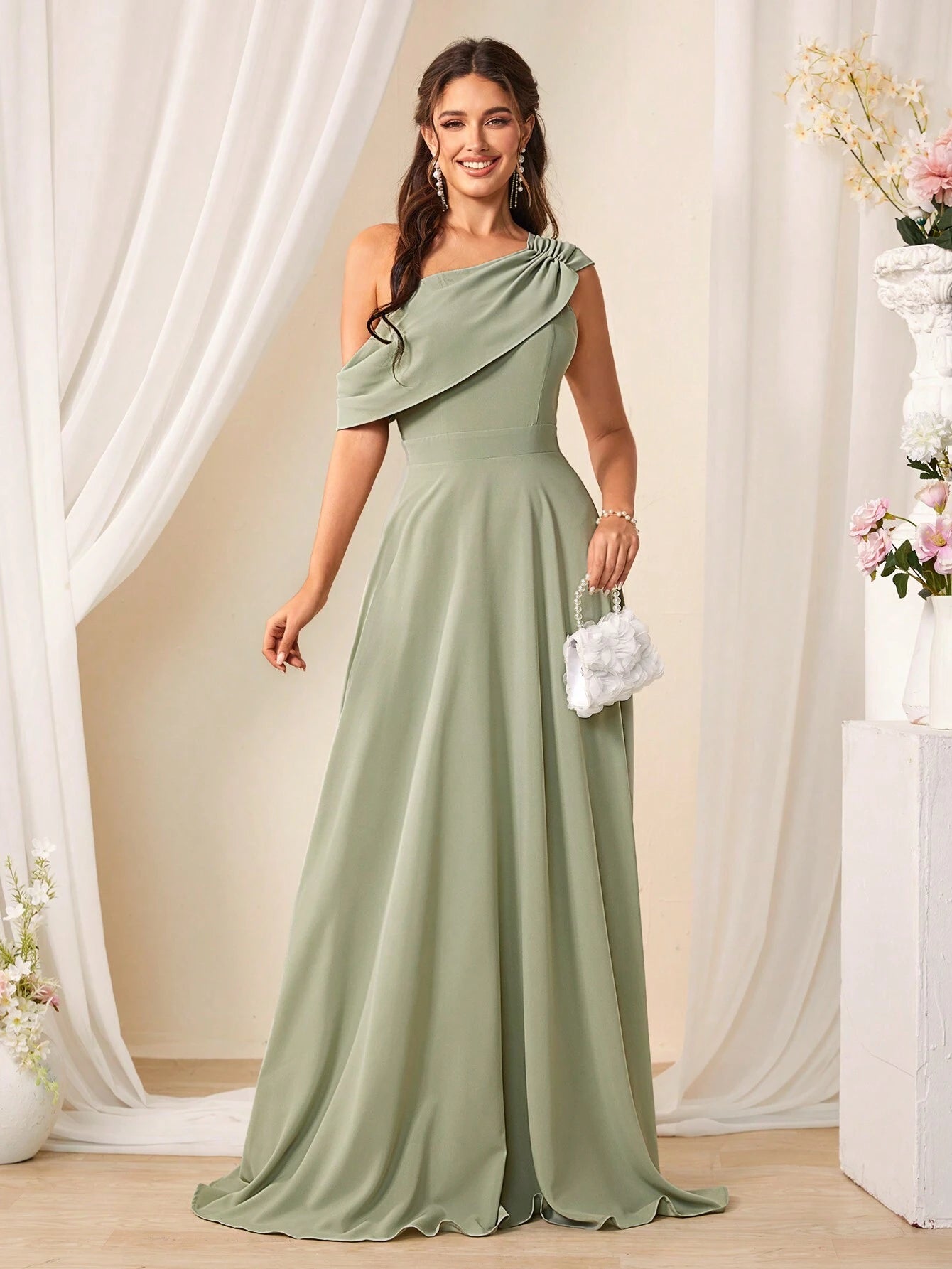 Belle Solid Color Asymmetrical Neckline Bridesmaid Dress Elegant Dress For Christmas - image 5