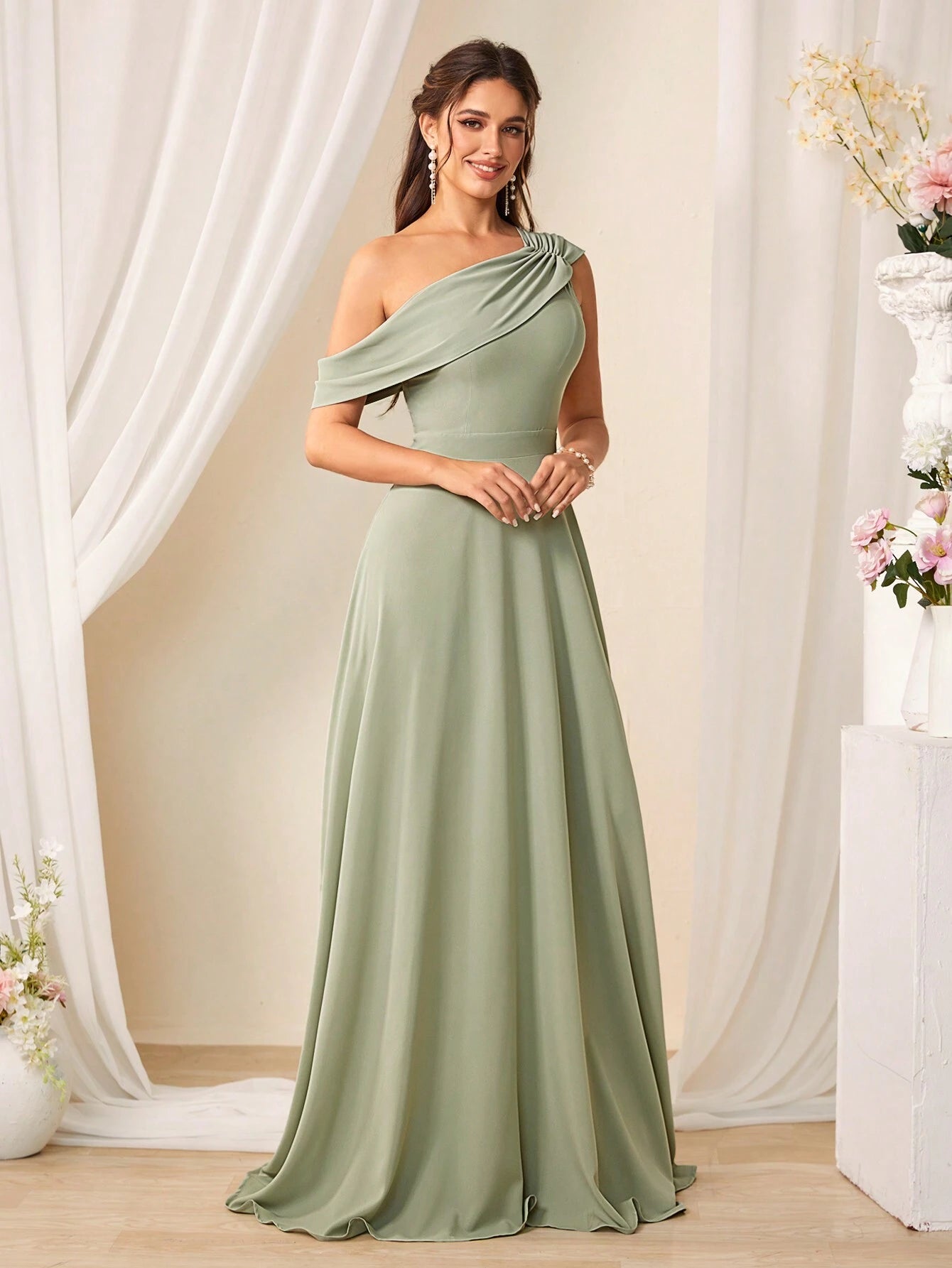 Belle Solid Color Asymmetrical Neckline Bridesmaid Dress Elegant Dress For Christmas - image 6