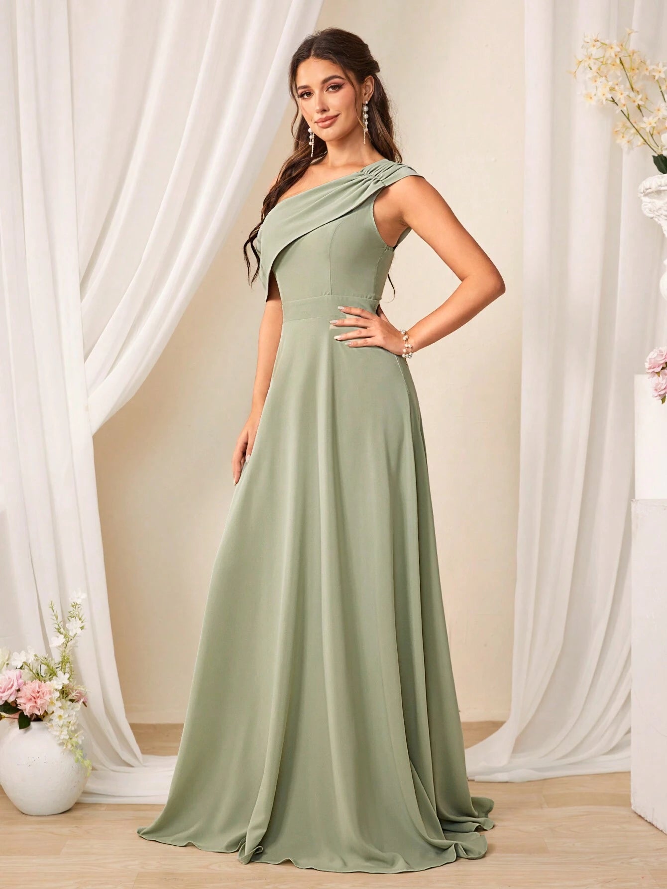 Belle Solid Color Asymmetrical Neckline Bridesmaid Dress Elegant Dress For Christmas - image 4
