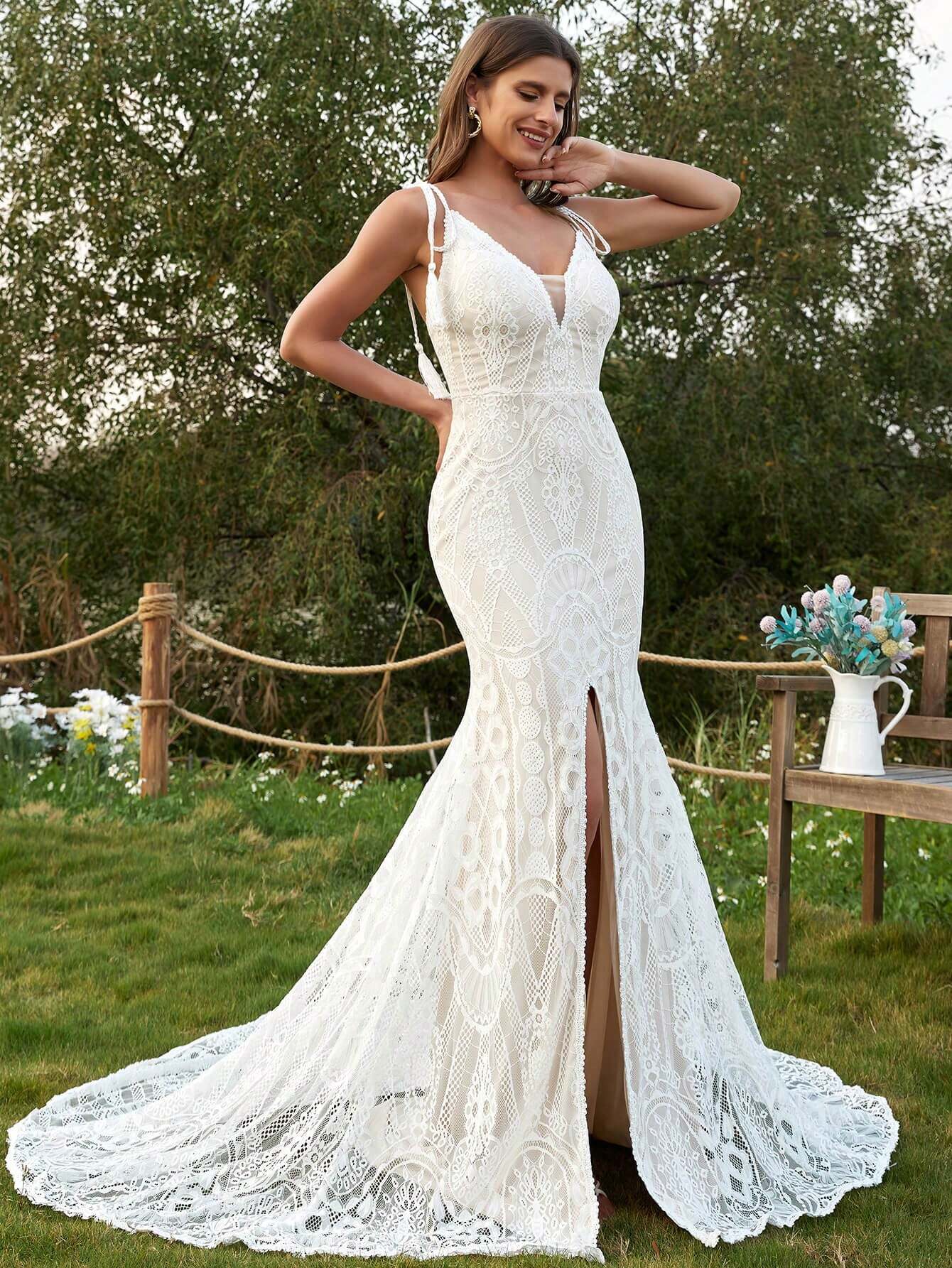Elegant Romantic Long Lace Semi-Sheer Mermaid Wedding Dress, Spaghetti Strap Backless Design, Contrast Mesh - image 2