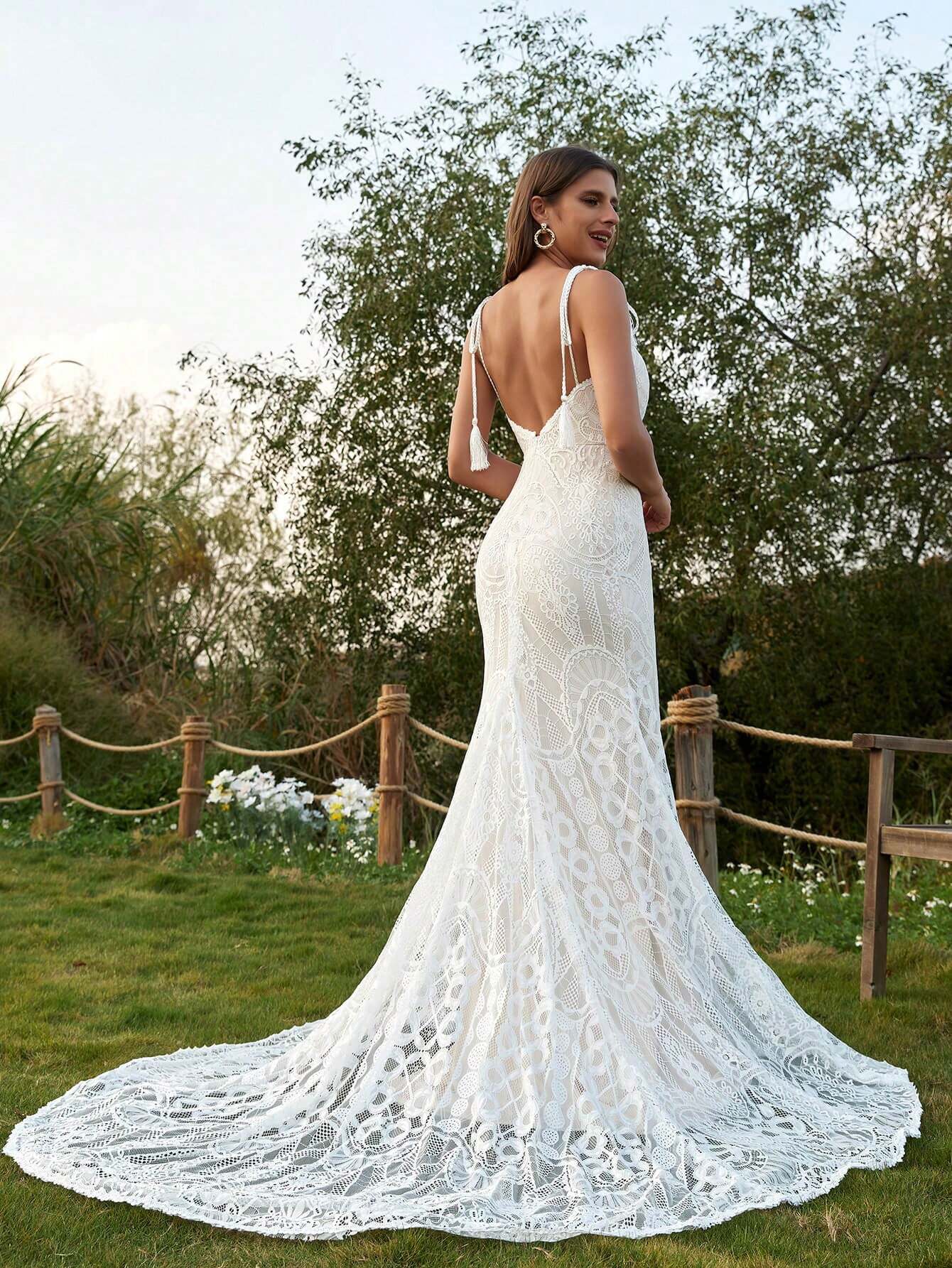 Elegant Romantic Long Lace Semi-Sheer Mermaid Wedding Dress, Spaghetti Strap Backless Design, Contrast Mesh - image 3