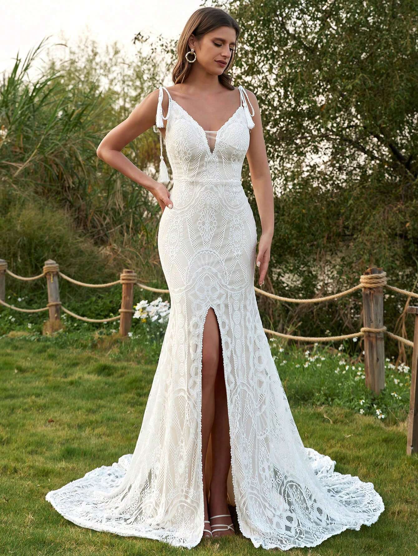 Elegant Romantic Long Lace Semi-Sheer Mermaid Wedding Dress, Spaghetti Strap Backless Design, Contrast Mesh - image 4