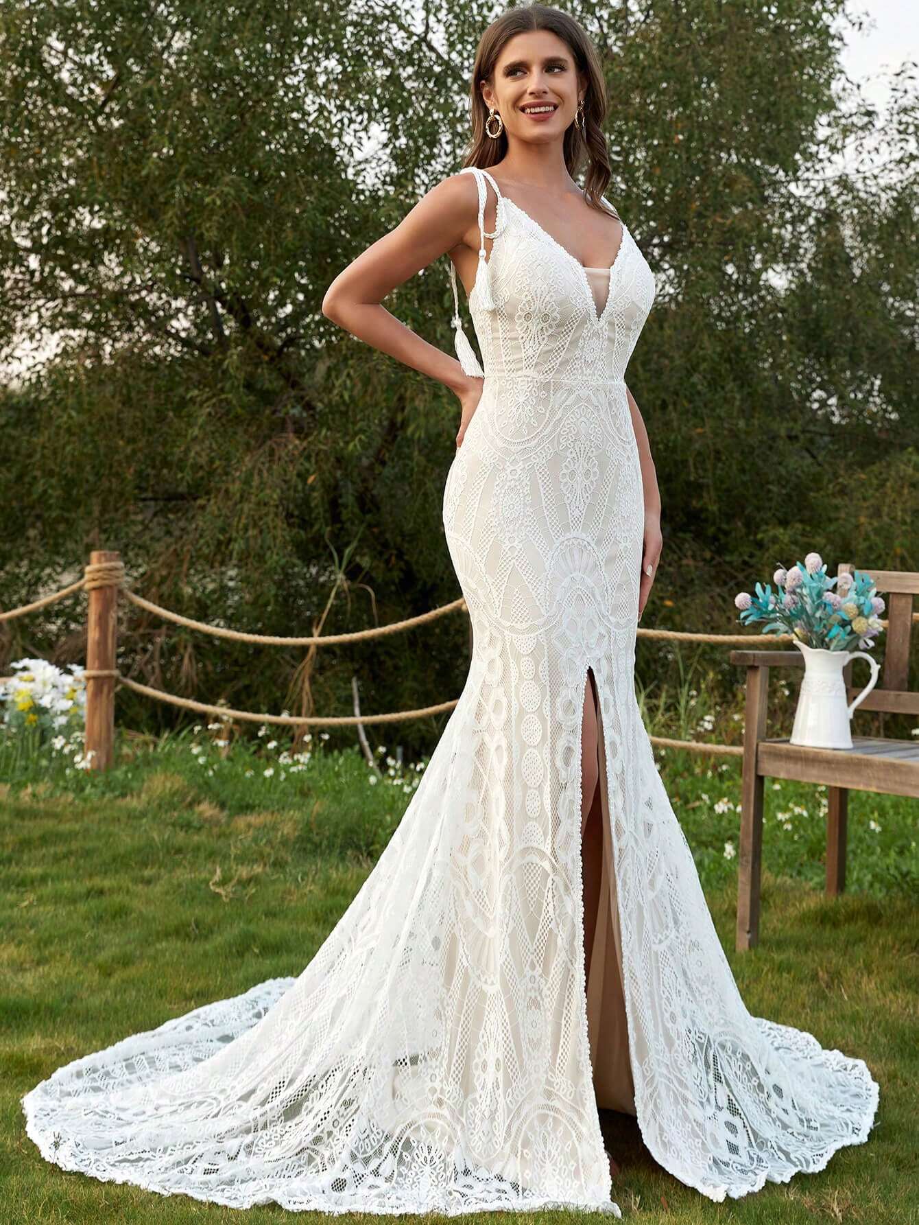 Elegant Romantic Long Lace Semi-Sheer Mermaid Wedding Dress, Spaghetti Strap Backless Design, Contrast Mesh