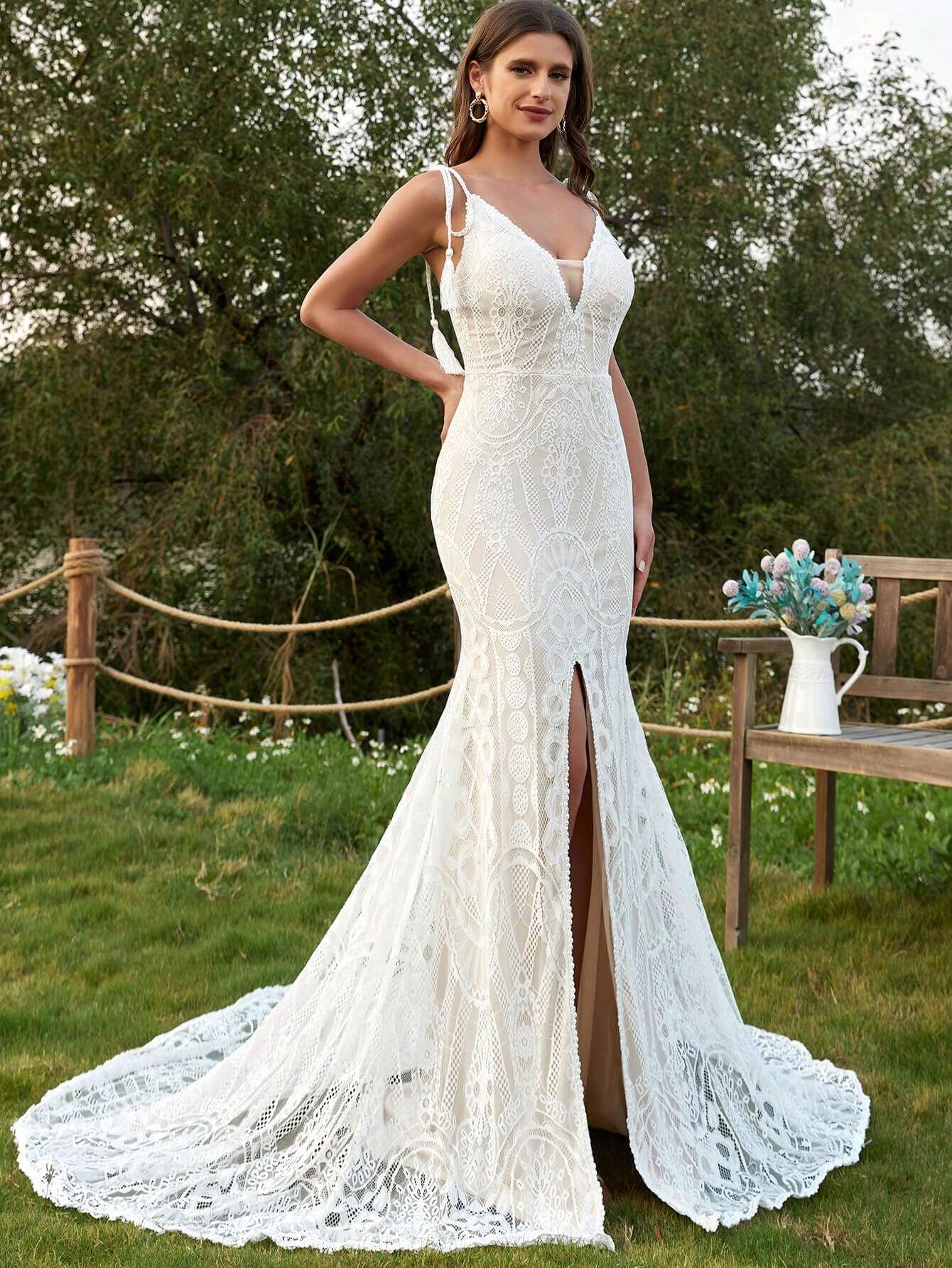 Elegant Romantic Long Lace Semi-Sheer Mermaid Wedding Dress, Spaghetti Strap Backless Design, Contrast Mesh - image 5