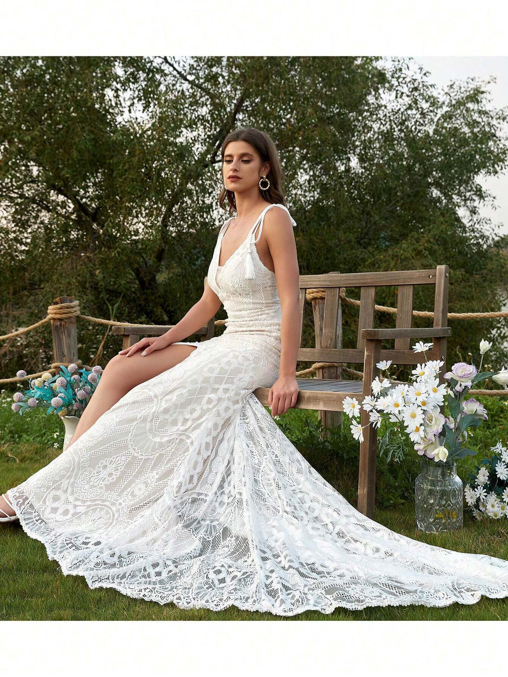 Elegant Romantic Long Lace Semi-Sheer Mermaid Wedding Dress, Spaghetti Strap Backless Design, Contrast Mesh - image 6