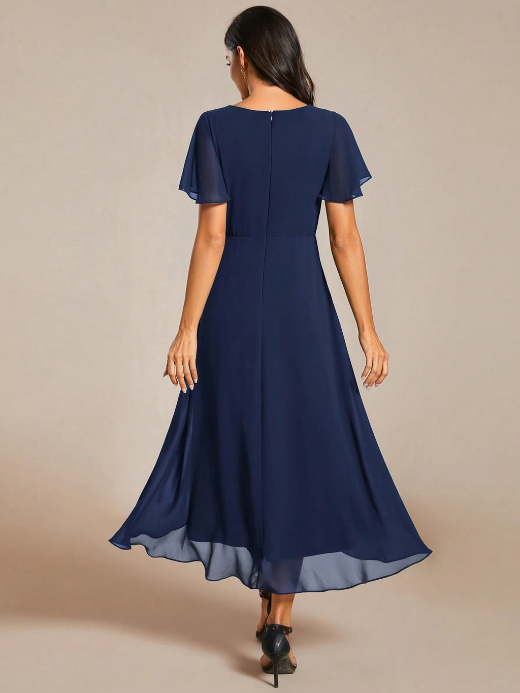 EVERPRETTY Elegant Ruffle Hem Contrast Color A-Line Mid-Length Chiffon Light Pink Bridesmaid Dress, Wedding - image 8