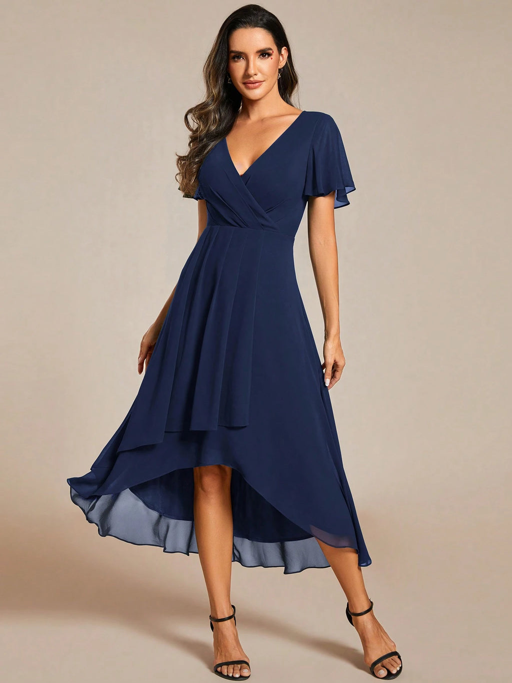 EVERPRETTY Elegant Ruffle Hem Contrast Color A-Line Mid-Length Chiffon Light Pink Bridesmaid Dress, Wedding - image 10