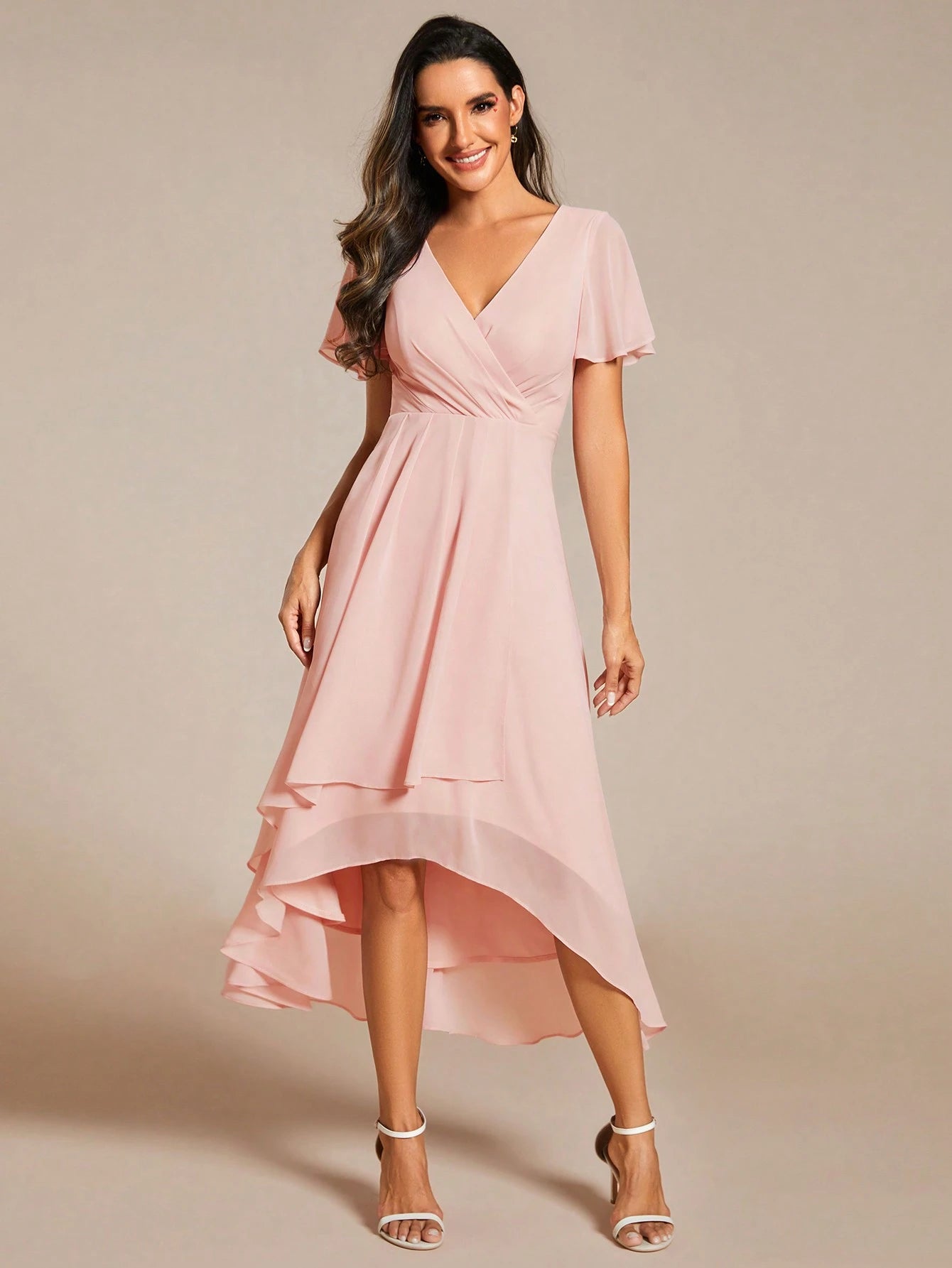 EVERPRETTY Elegant Ruffle Hem Contrast Color A-Line Mid-Length