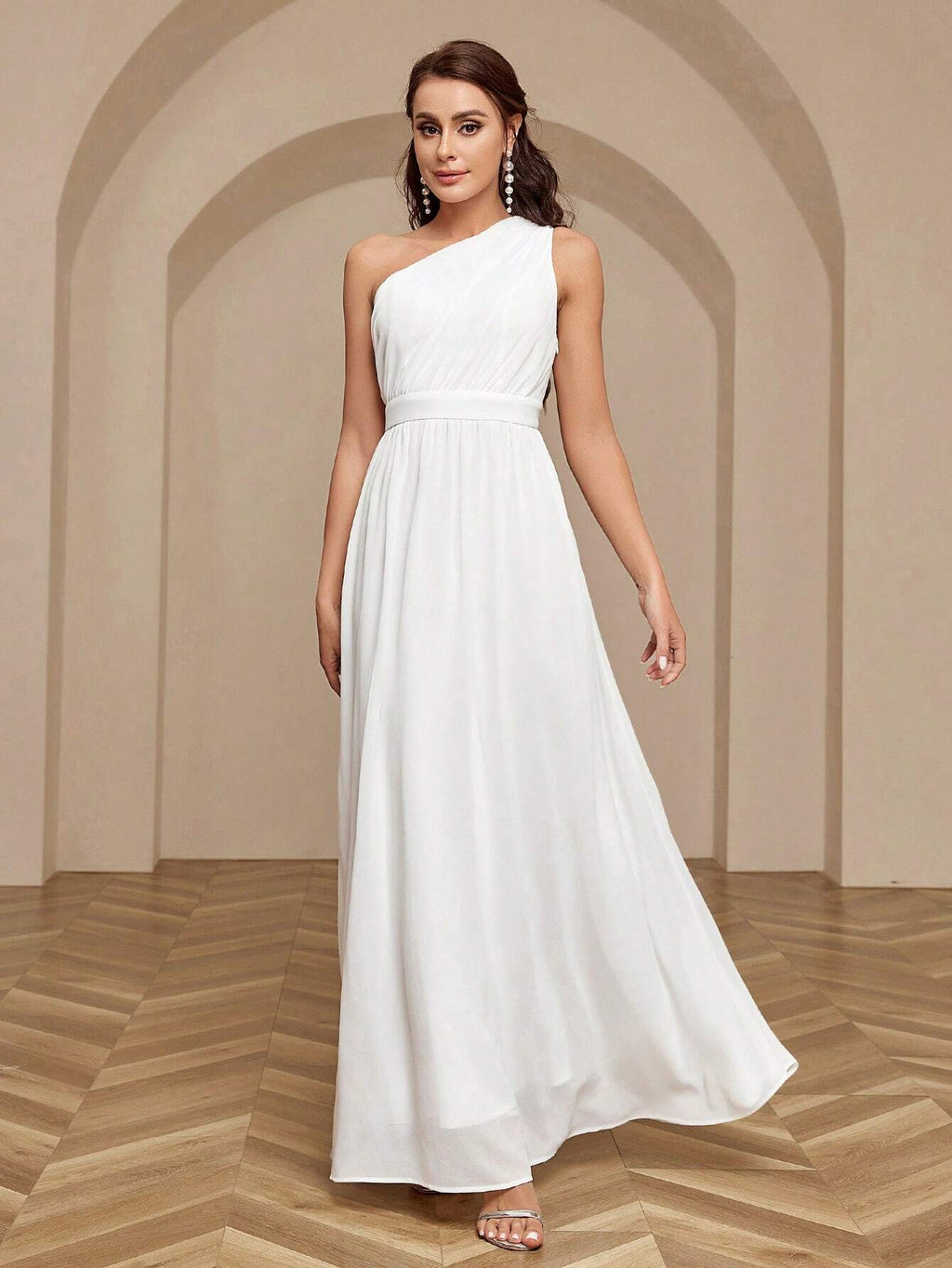 Belle Women's Solid Color One Shoulder Sleeveless Bridesmaid Dress White Elegant Wedding Bridal Dress - image 9
