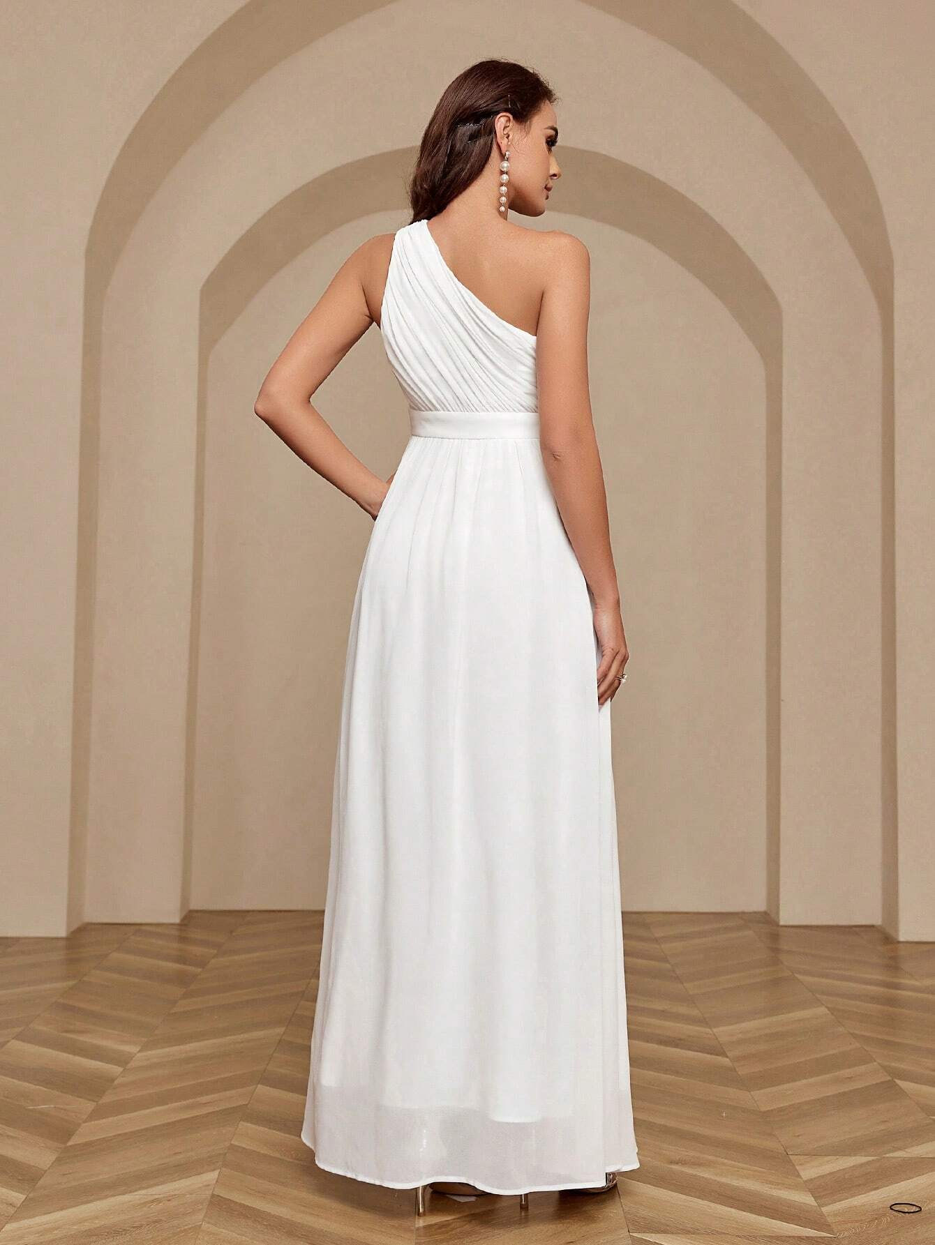 Belle Women's Solid Color One Shoulder Sleeveless Bridesmaid Dress White Elegant Wedding Bridal Dress - image 14