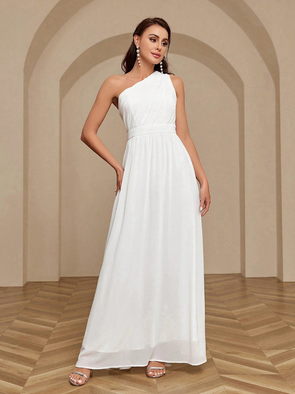 Belle Women's Solid Color One Shoulder Sleeveless Bridesmaid Dress White Elegant Wedding Bridal Dress - image 10
