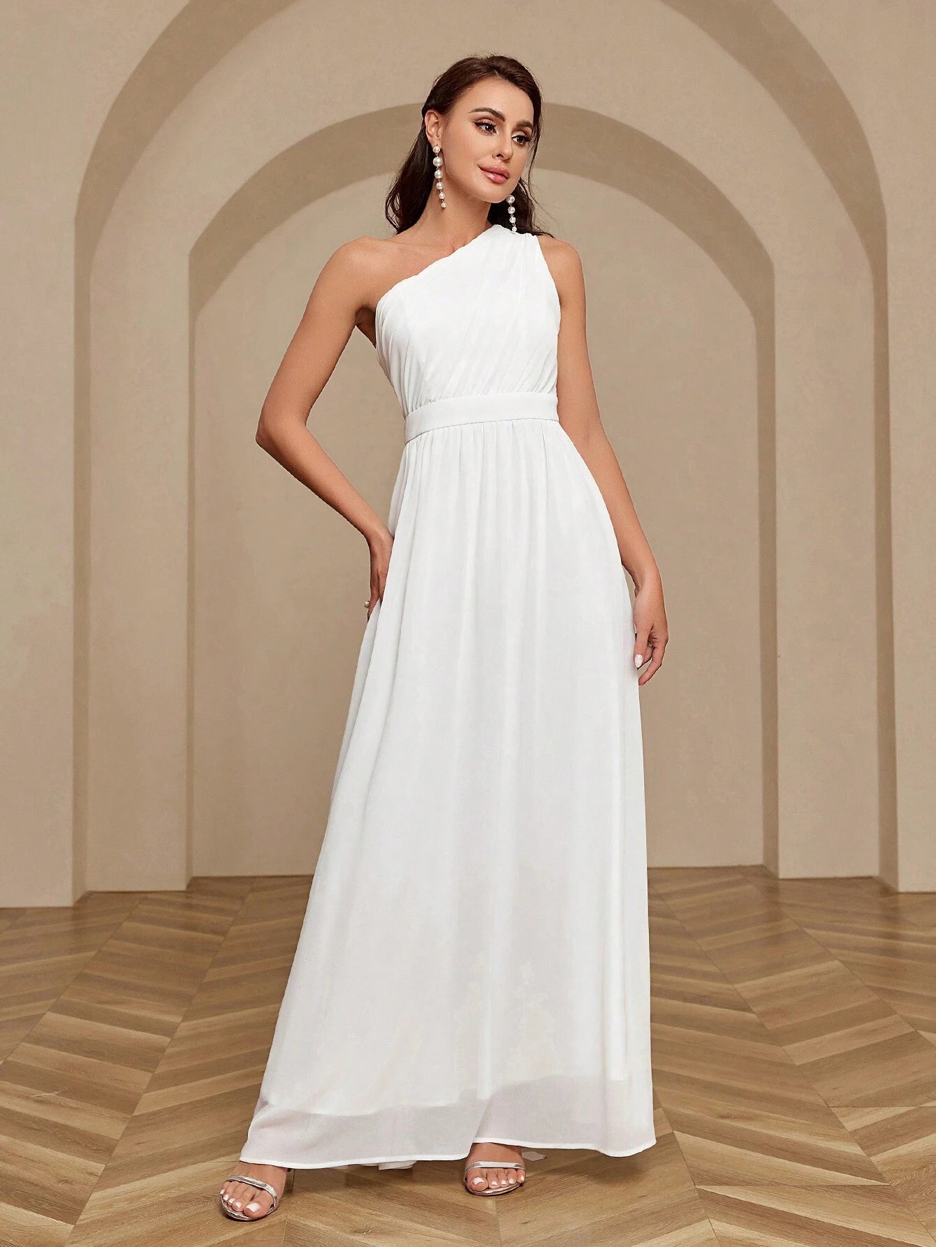 Belle Women's Solid Color One Shoulder Sleeveless Bridesmaid Dress White Elegant Wedding Bridal Dress - image 10