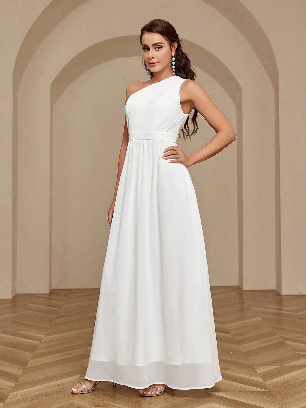 Belle Women's Solid Color One Shoulder Sleeveless Bridesmaid Dress White Elegant Wedding Bridal Dress - image 7