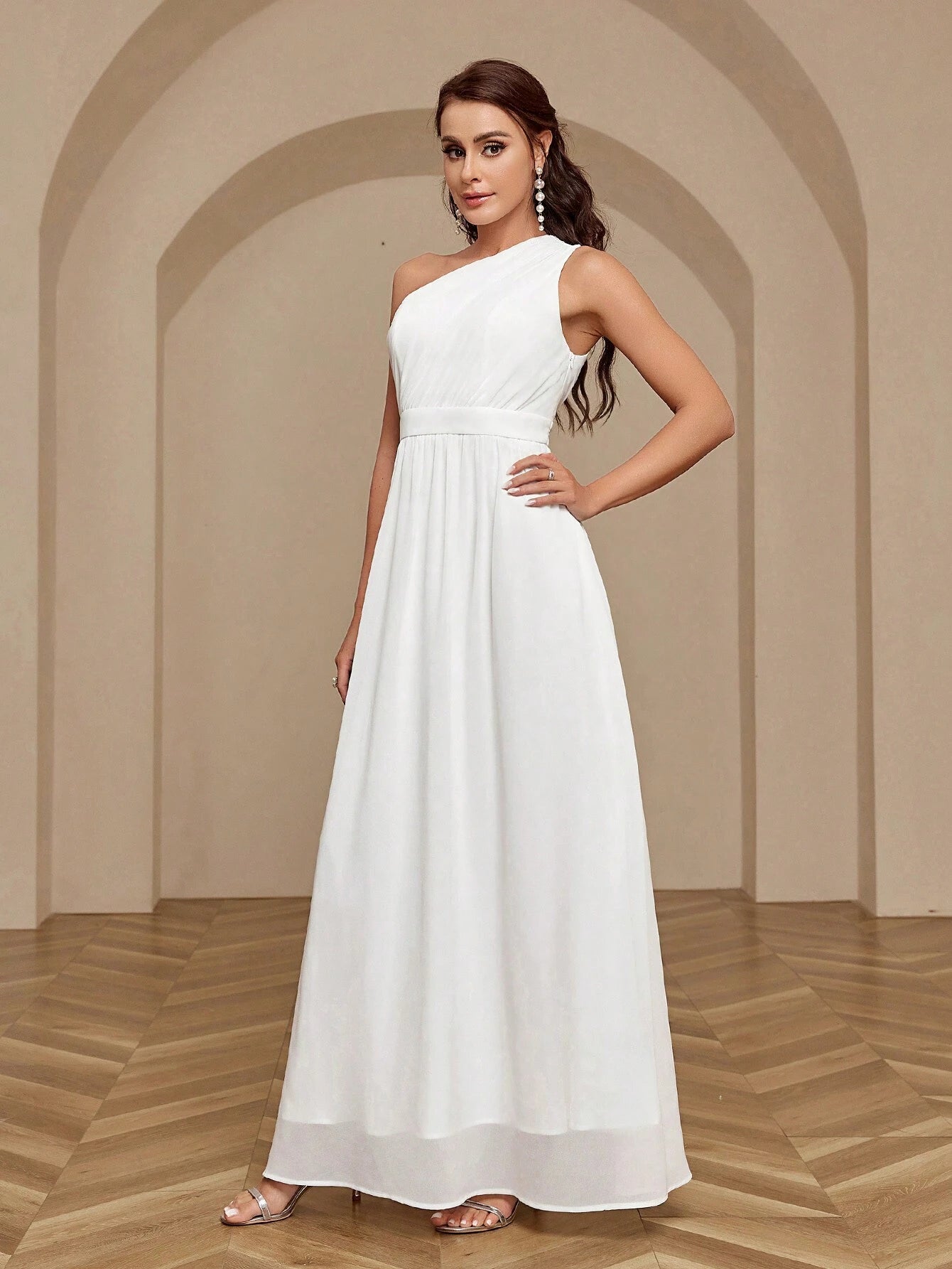 Belle Women's Solid Color One Shoulder Sleeveless Bridesmaid Dress White Elegant Wedding Bridal Dress - image 7