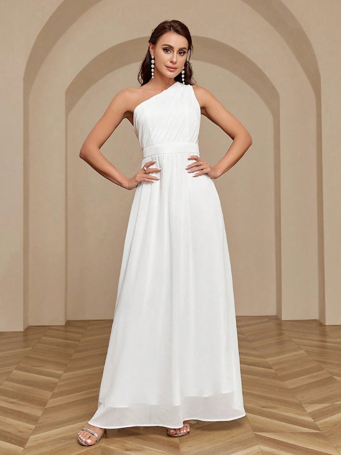 Belle Women's Solid Color One Shoulder Sleeveless Bridesmaid Dress White Elegant Wedding Bridal Dress - image 6