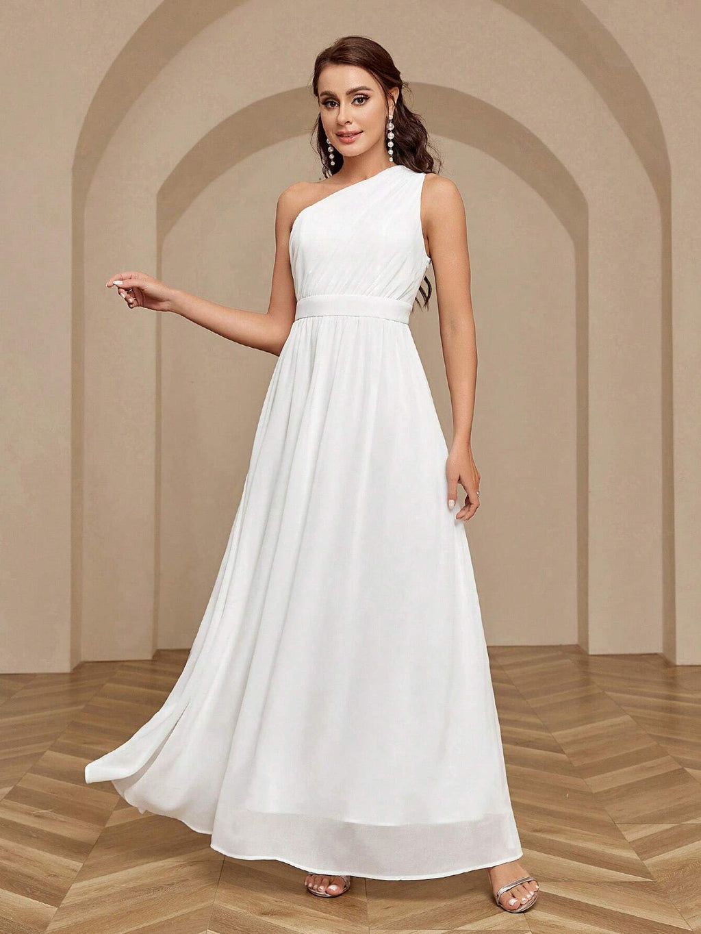 Belle Women's Solid Color One Shoulder Sleeveless Bridesmaid Dress White Elegant Wedding Bridal Dress - image 13