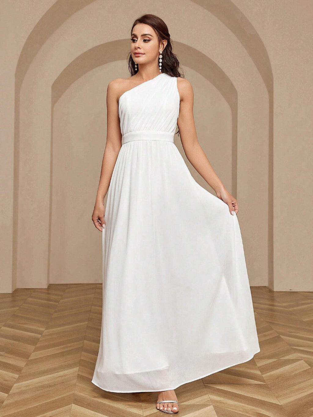 Belle Women's Solid Color One Shoulder Sleeveless Bridesmaid Dress White Elegant Wedding Bridal Dress - image 12