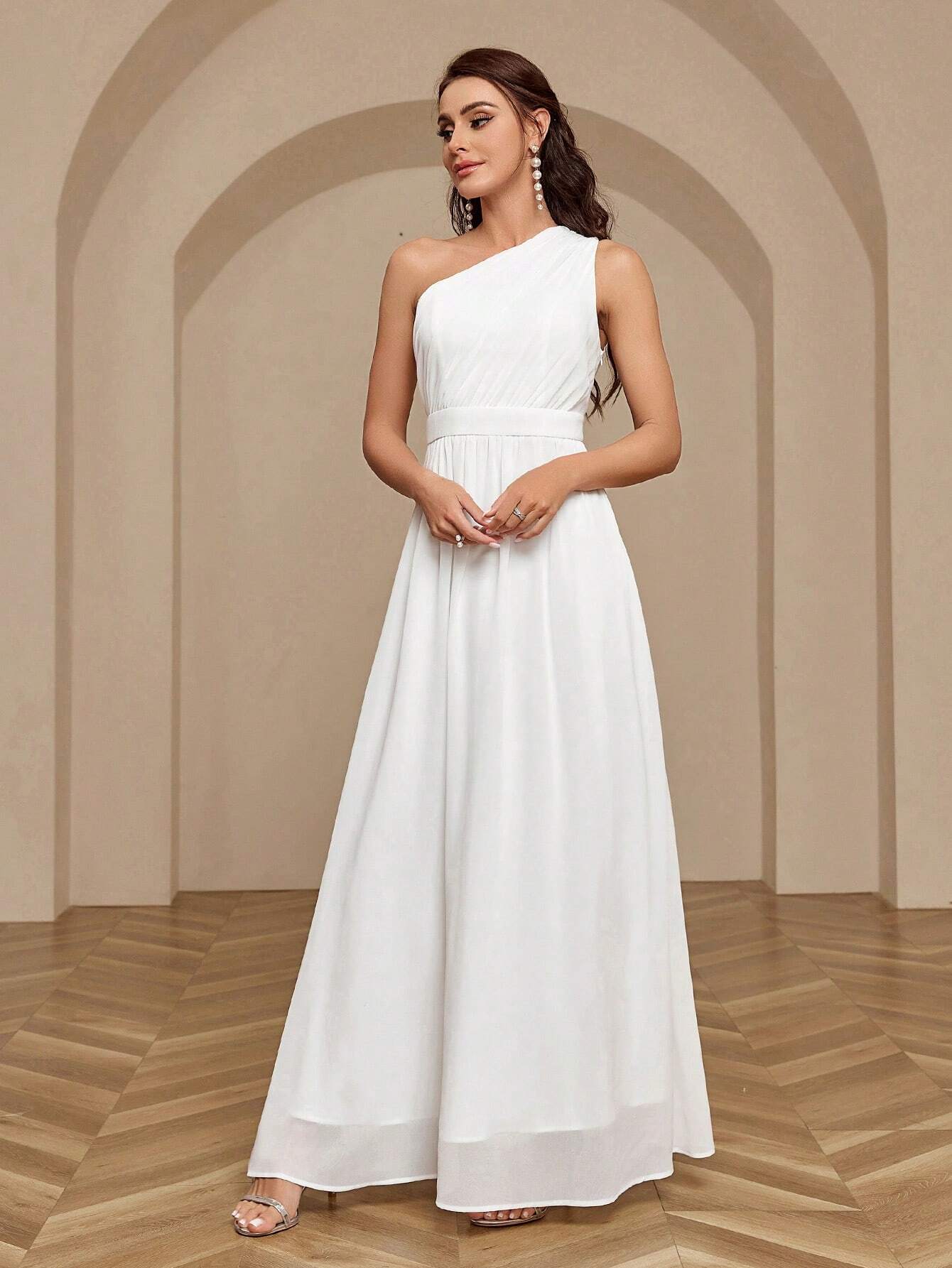 Belle Women's Solid Color One Shoulder Sleeveless Bridesmaid Dress White Elegant Wedding Bridal Dress - image 11