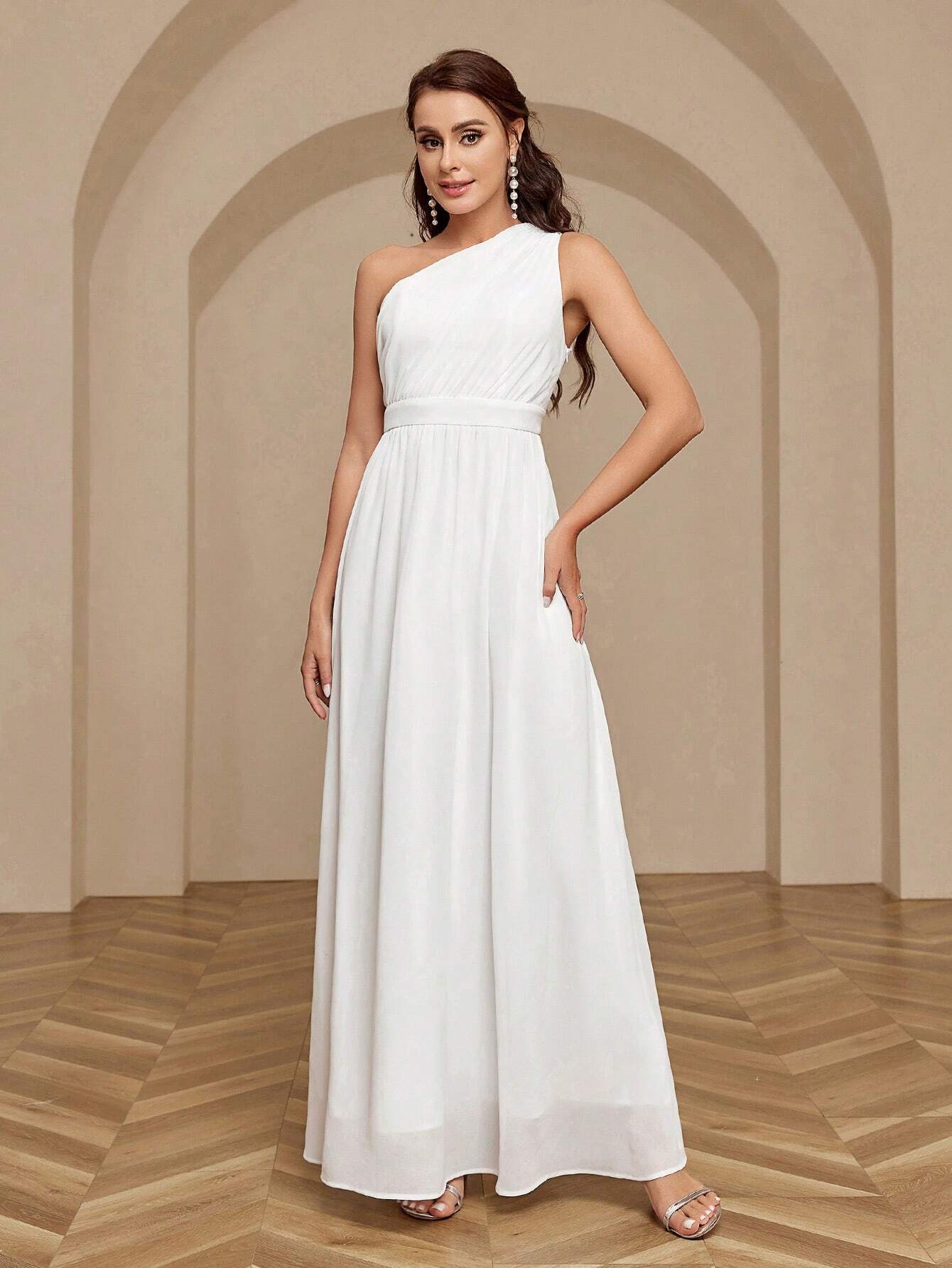Belle Women's Solid Color One Shoulder Sleeveless Bridesmaid Dress White Elegant Wedding Bridal Dress - image 15