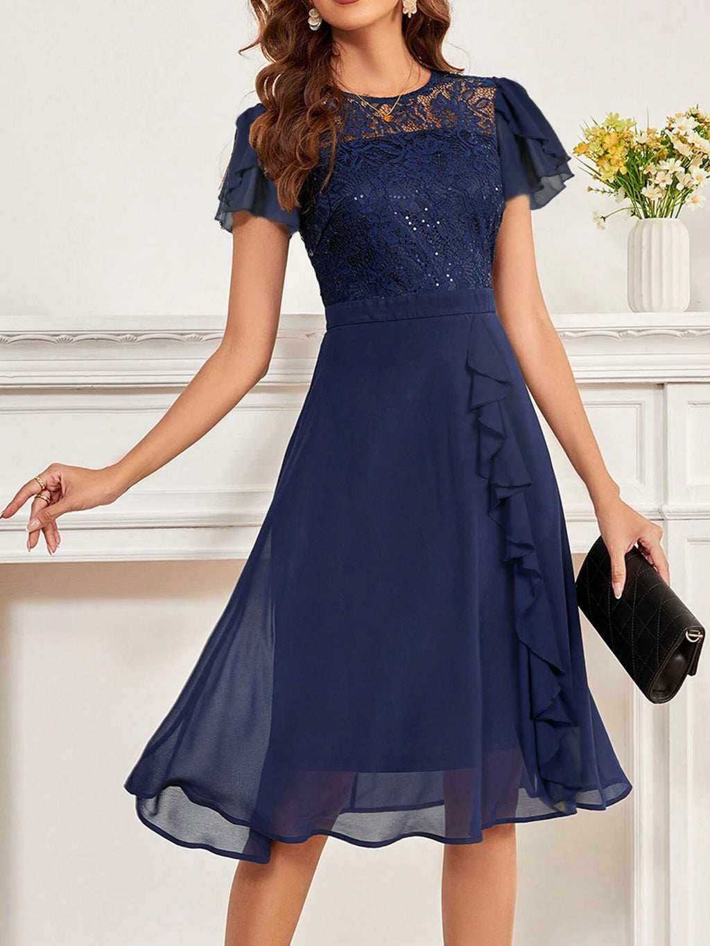Women's Party Dress, Round Neck Short Sleeve Waist Ruffle Lace Patchwork Solid Color Bridesmaid Dress, Lace