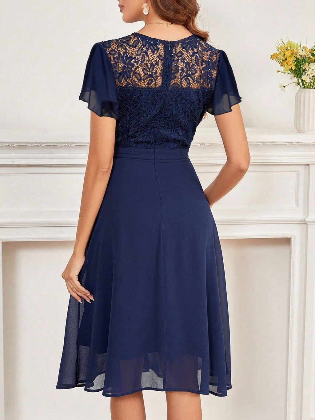 Women's Party Dress, Round Neck Short Sleeve Waist Ruffle Lace Patchwork Solid Color Bridesmaid Dress, Lace - image 2