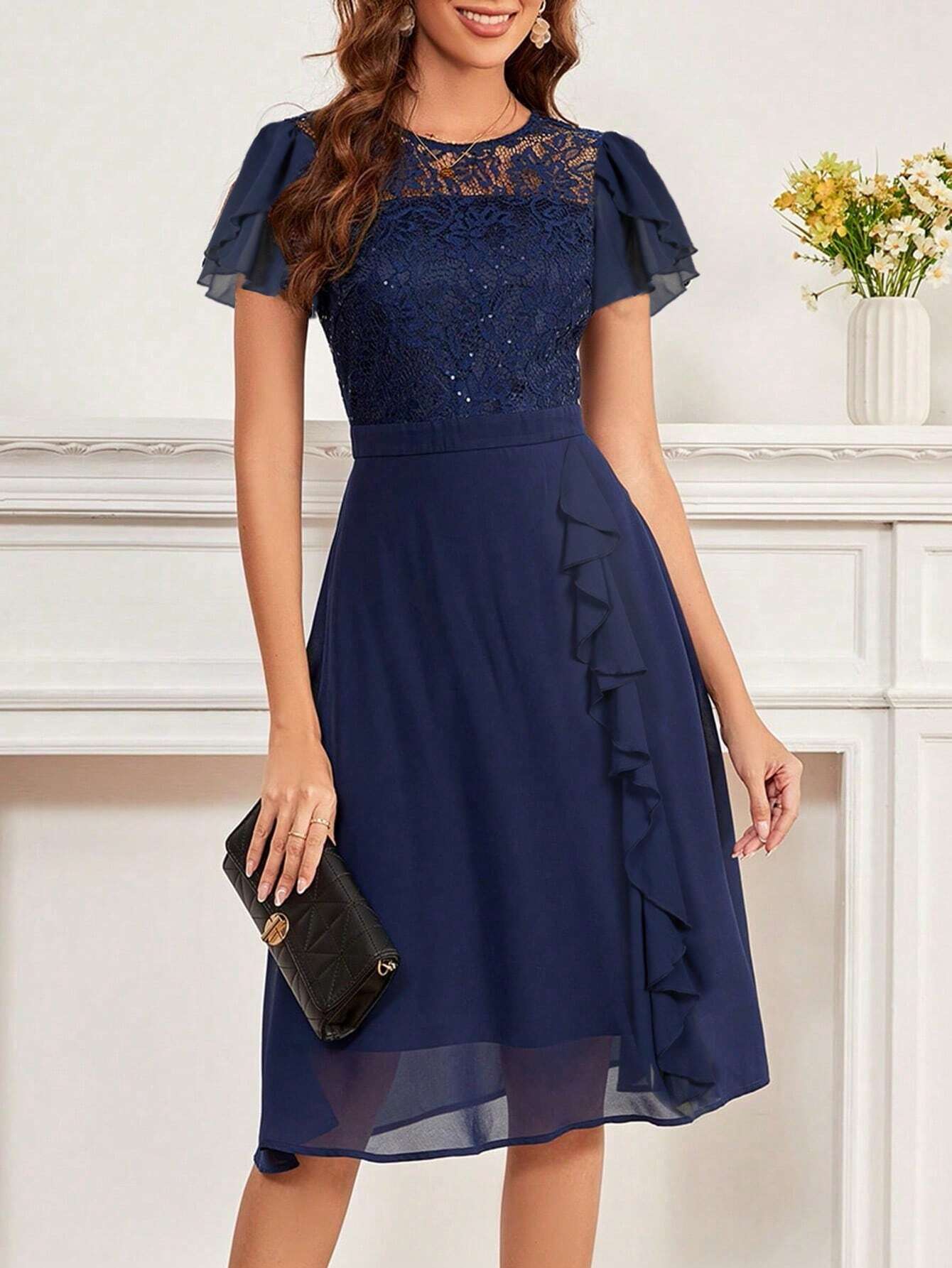 Women's Party Dress, Round Neck Short Sleeve Waist Ruffle Lace Patchwork Solid Color Bridesmaid Dress, Lace - image 4