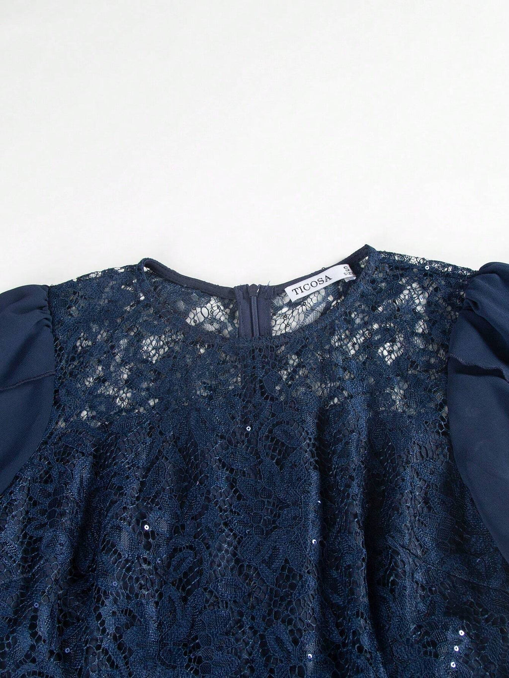 Women's Party Dress, Round Neck Short Sleeve Waist Ruffle Lace Patchwork Solid Color Bridesmaid Dress, Lace - image 5
