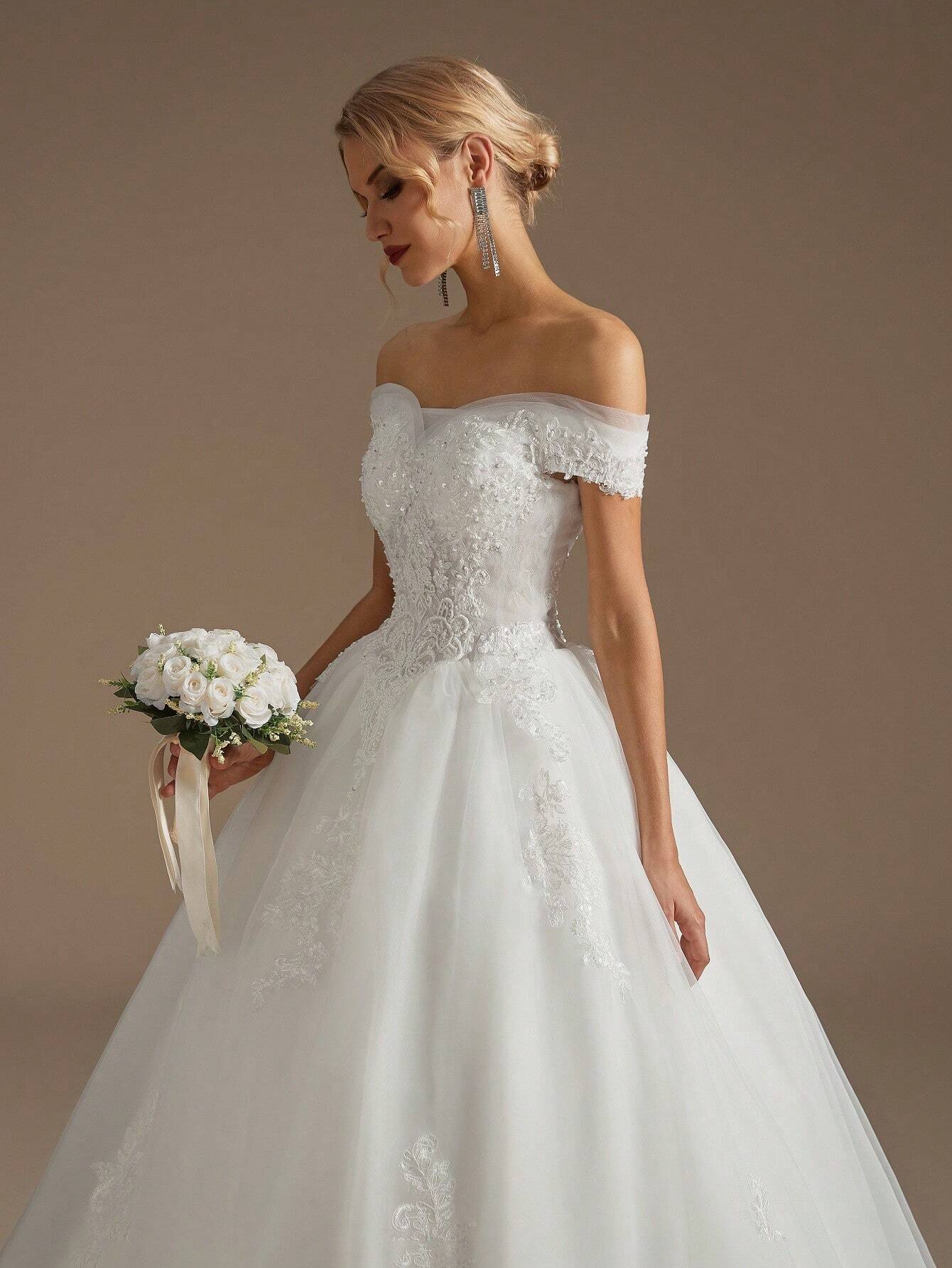 Elegant Applique Boat Neck Wedding Dress, Women's Wedding Ceremony Gown (Slip Not Included), Bridal Dress - image 4