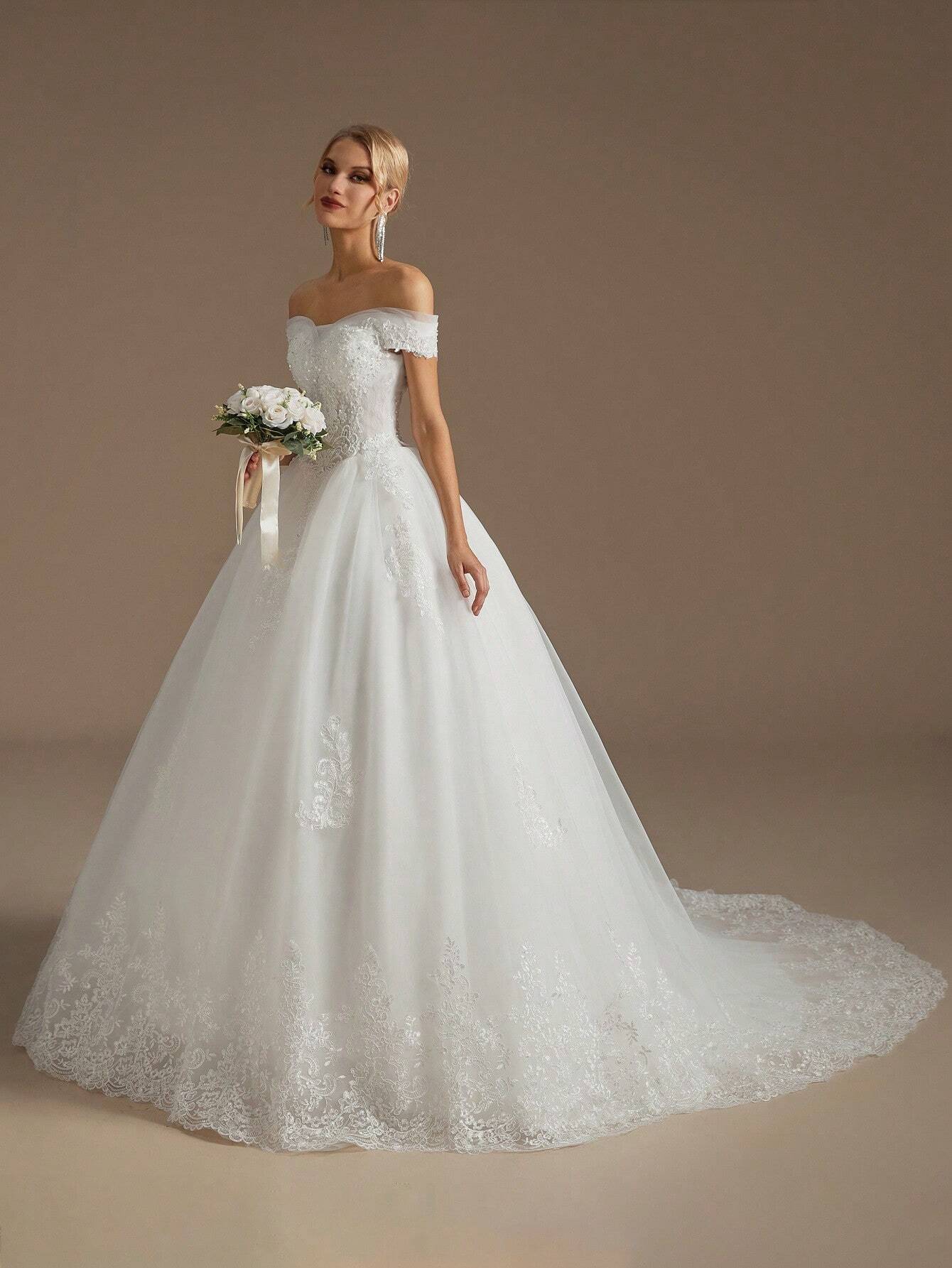 Elegant Applique Boat Neck Wedding Dress, Women's Wedding Ceremony Gown (Slip Not Included), Bridal Dress - image 6