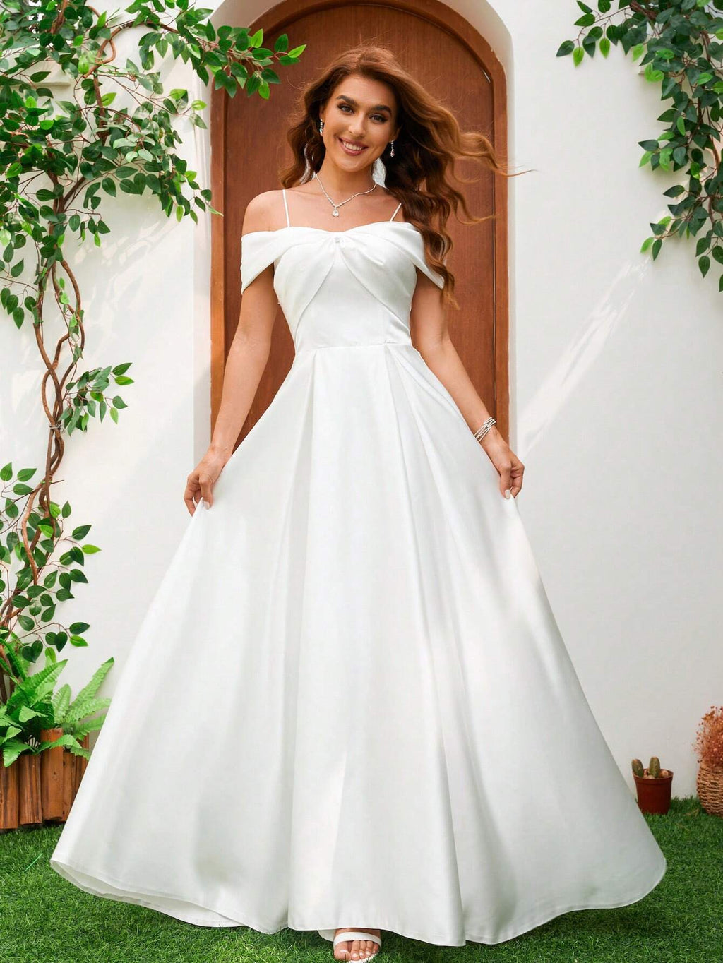 YUMIBRAVO Solid Color Satin Strapless Dress With Bowknot Accent Wedding Gown White Elegant Bridal Dress,Bride