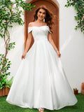 YUMIBRAVO Solid Color Satin Strapless Dress With Bowknot Accent Wedding Gown White Elegant Bridal Dress,Bride