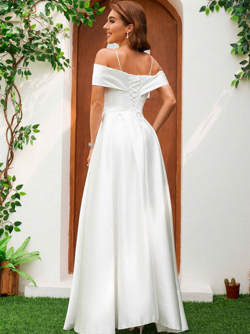 YUMIBRAVO Solid Color Satin Strapless Dress With Bowknot Accent Wedding Gown White Elegant Bridal Dress,Bride - image 2