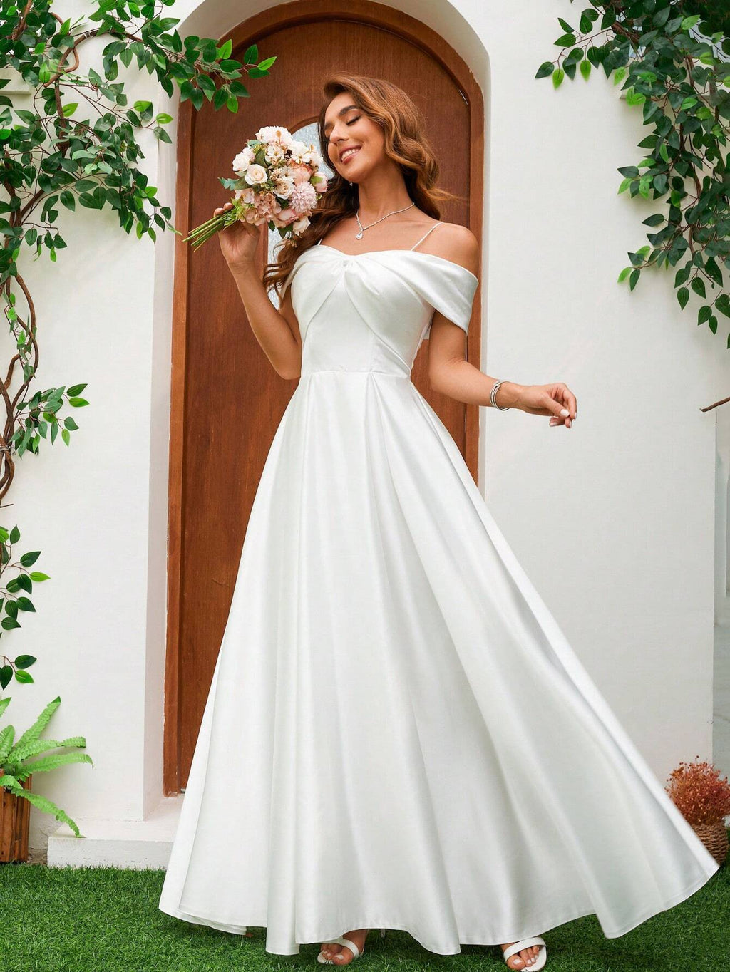 YUMIBRAVO Solid Color Satin Strapless Dress With Bowknot Accent Wedding Gown White Elegant Bridal Dress,Bride - image 3