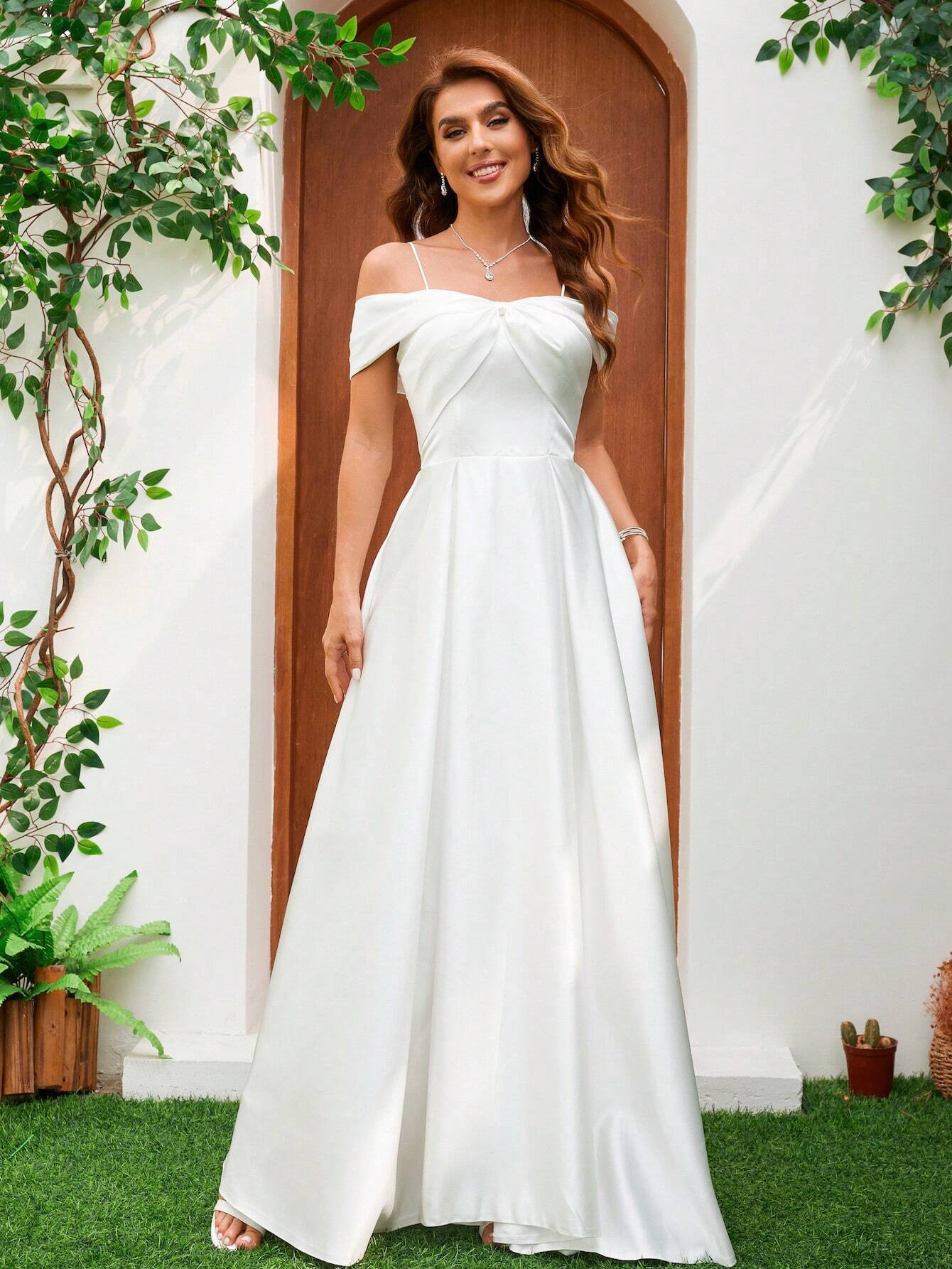 YUMIBRAVO Solid Color Satin Strapless Dress With Bowknot Accent Wedding Gown White Elegant Bridal Dress,Bride - image 4