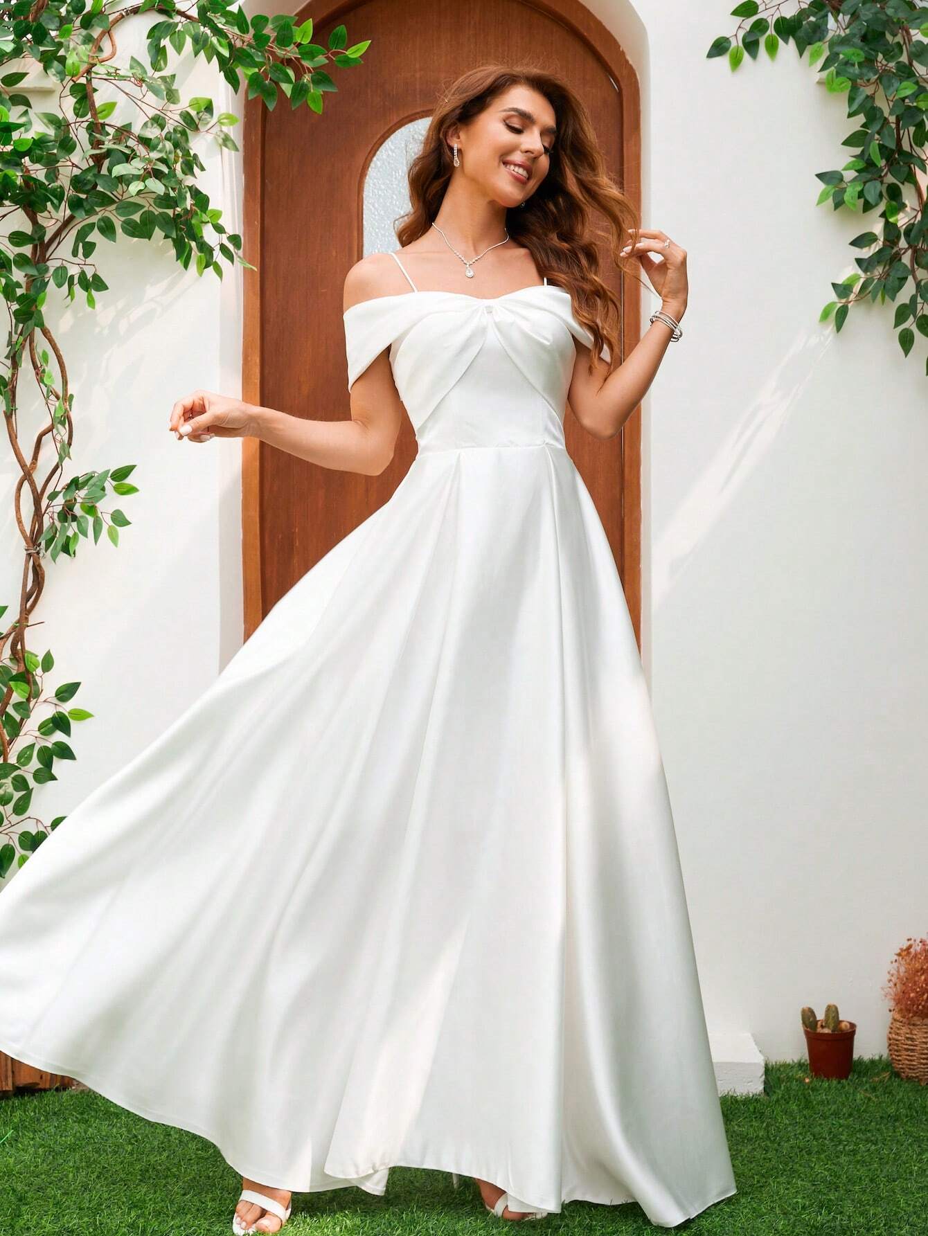 YUMIBRAVO Solid Color Satin Strapless Dress With Bowknot Accent Wedding Gown White Elegant Bridal Dress,Bride - image 5