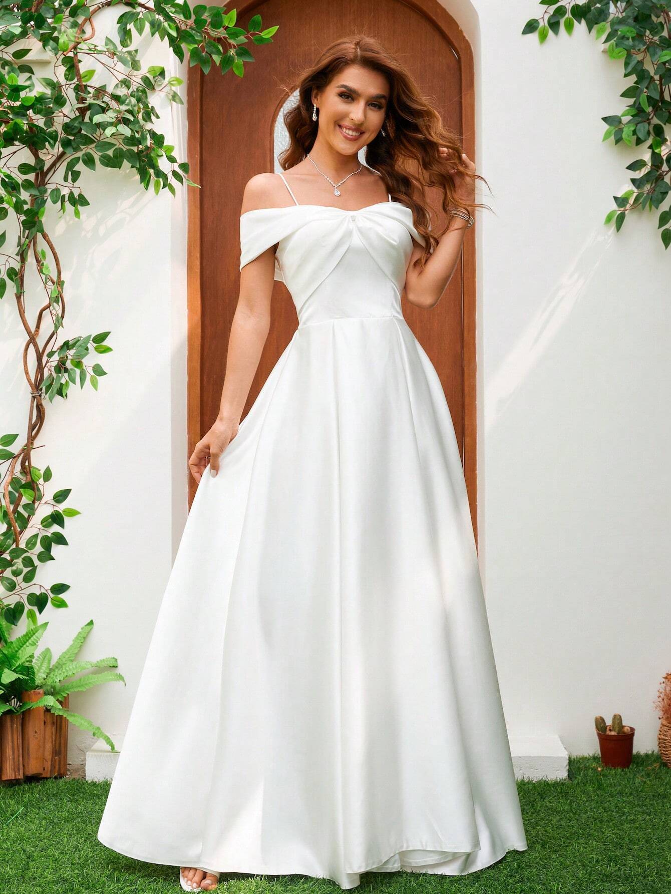 YUMIBRAVO Solid Color Satin Strapless Dress With Bowknot Accent Wedding Gown White Elegant Bridal Dress,Bride - image 6