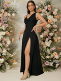Belle Draped Neck Split Thigh Dress, Elegant Bridesmaid Dress