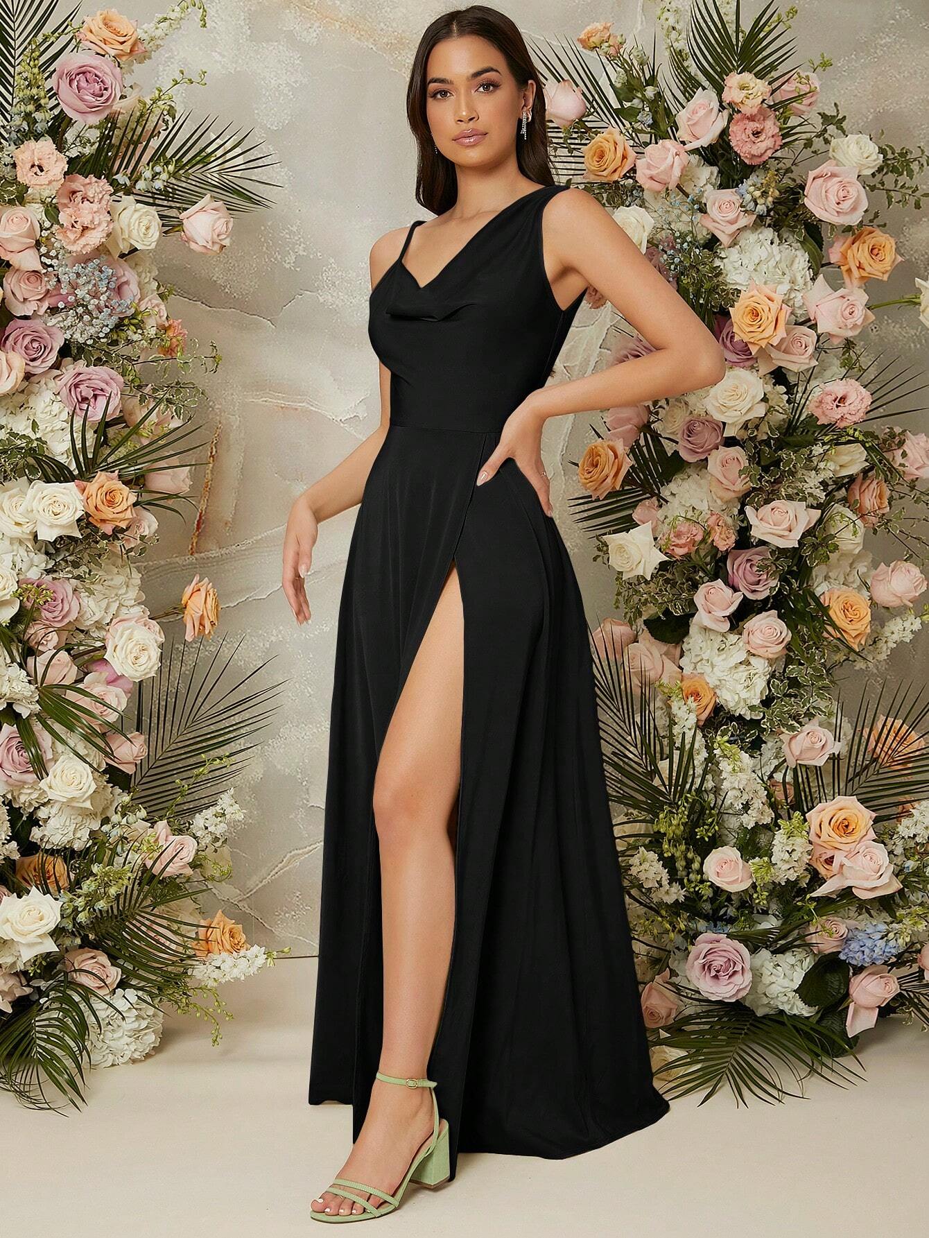 Belle Draped Neck Split Thigh Dress, Elegant Bridesmaid Dress