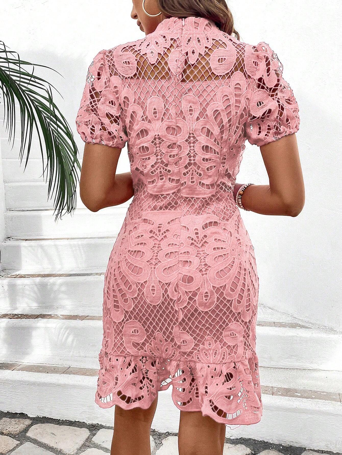 Breezaya Women Summer Solid Color Stand Collar Lace Short Puff Sleeve Elegant Bodycon Dress Vacation Beach - image 15