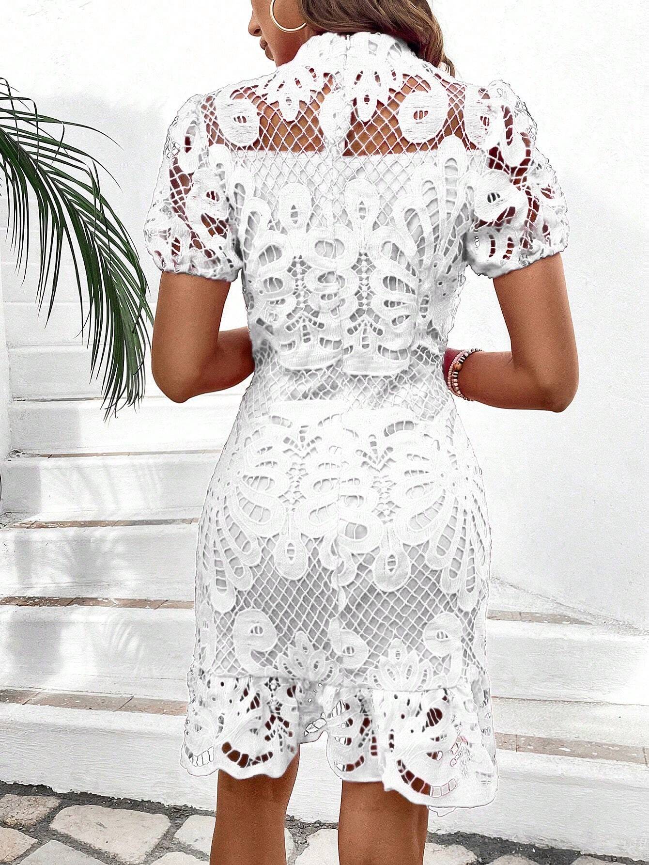 Breezaya Women Summer Solid Color Stand Collar Lace Short Puff Sleeve Elegant Bodycon Dress Vacation Beach - image 9